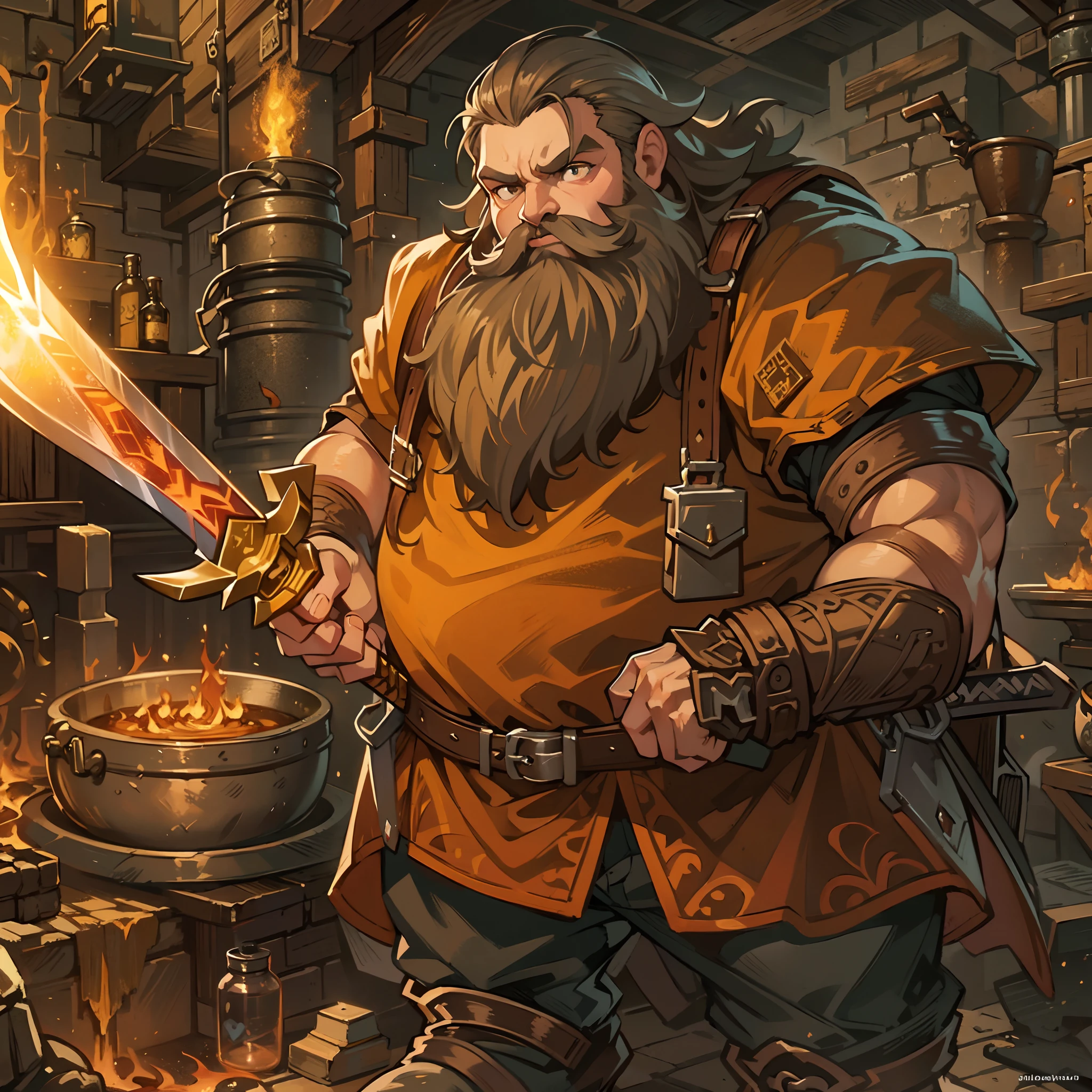 high details, anime style, illustration, Makoto Shinkas style, anime movie style, best quality, 16k, RAW, [best detailed], masterpiece, best quality, (extremely detailed), full body, ultra wide shot, fantasy art, RPG art, a picture of a fat dwarf working by a forge holding a (((Sword))) to inspect it's quality. fantasy male dwarf (intense details, Masterpiece, best quality), brown hair, dynamic eyes color, ultra detailed face (intense details, anime art style, best quality), long beard, brown beard, muscular arms, wearing smith apron, holding a hammer in hand, hammer has yellow magical runes, shining GlowingRunes_yello yellowe runes (intense details, Masterpiece, best quality), by a forge holding a (Sword) to inspect it's quality. (intense details, Masterpiece, best quality), dwarven smithy and fiery forge background, fiery red and yellow and orange shadow and light of a fiery orange (intense details, Masterpiece, best quality), High Detail, anime art style, High Resolution, 16K Resolution, Ultra HD Pictures, Clear Details, Realistic Detail, anime art style