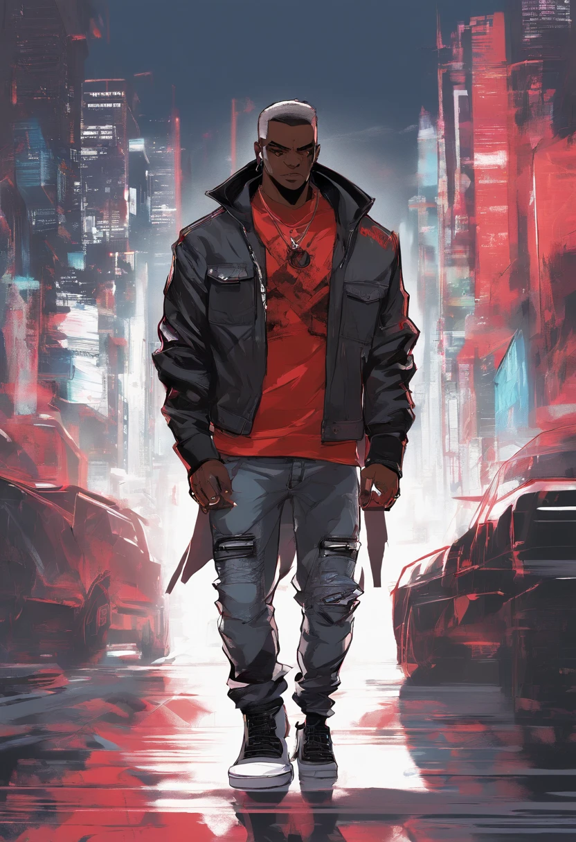 masterpiece, best quality, 1boy, t shirt, leather jacket, open jacket, muscular, scar across right eye , smug, dark skin, cybergoth clothing, white hair, black hair lights, orange-red eyes, black skin, neon lights, city. African American male with faded haircut, On his upper body, he wears three layers of clothes: a button-up white shirt with a protruding collar kept partially buttoned, a plain gray hoodie, and a black leather jacket with a red interior, two horizontal white lines on each sleeve, and a red tribal design on the back. On his lower body, he wears plain blue jeans and black shoes