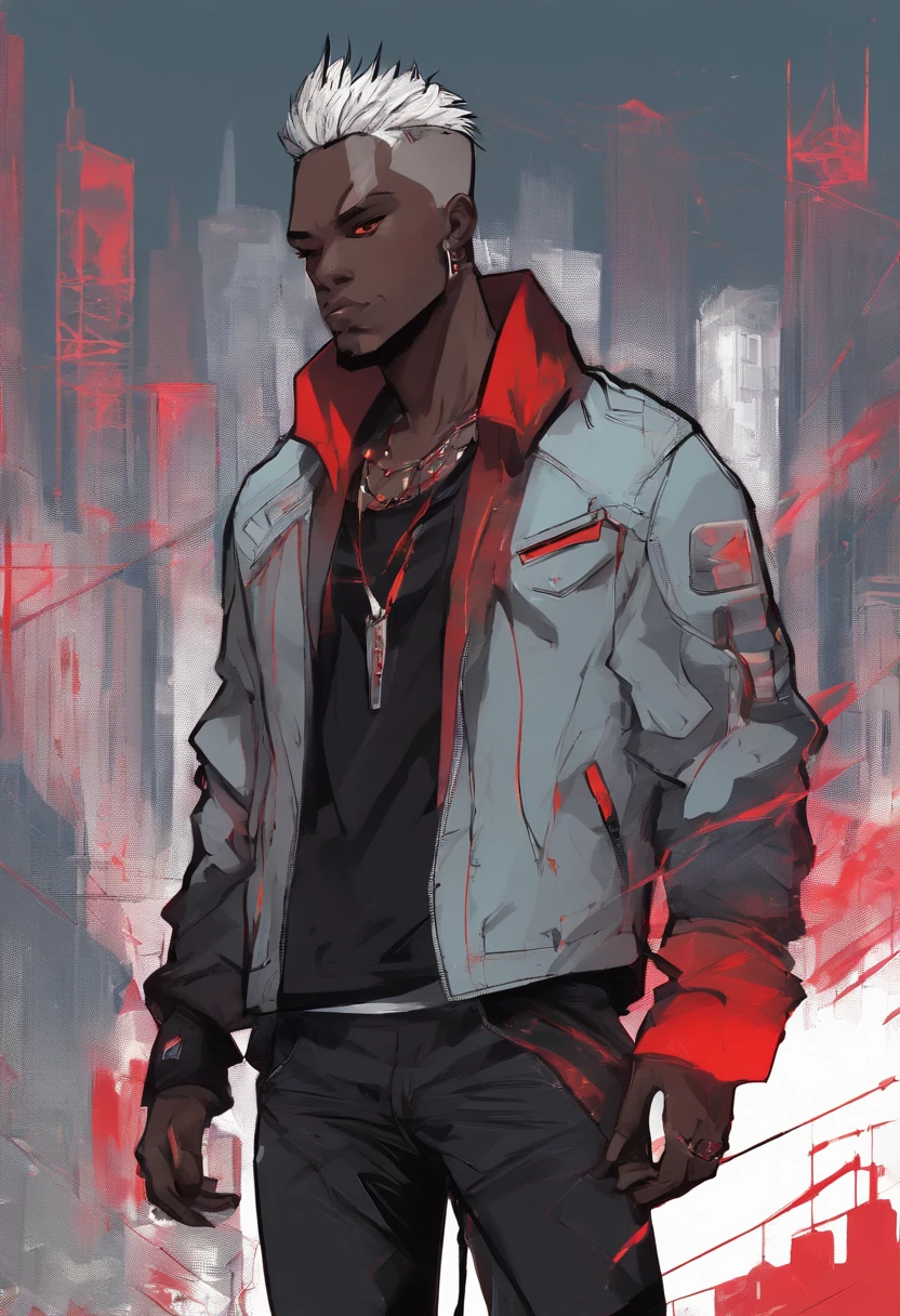 masterpiece, best quality, 1boy, t shirt, leather jacket, open jacket, muscular, scar across right eye , smug, dark skin, cybergoth clothing, white hair, black hair lights, orange-red eyes, black skin, neon lights, city. African American male with faded haircut, On his upper body, he wears three layers of clothes: a button-up white shirt with a protruding collar kept partially buttoned, a plain gray hoodie, and a black leather jacket with a red interior, two horizontal white lines on each sleeve, and a red tribal design on the back. On his lower body, he wears plain blue jeans and black shoes