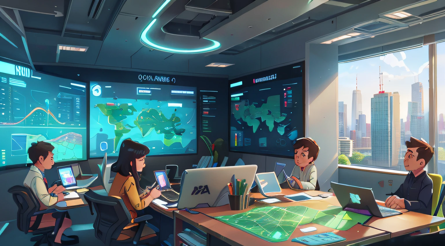 The high-tech city planning hub. The conference room features cutting-edge architecture and futuristic holographic displays. Amidst the array of meticulously organized maps, data, and computers, city planners gather. The main character, a city planner, seamlessly integrates with AI through intelligent devices, pushing the boundaries of urban design and innovation.