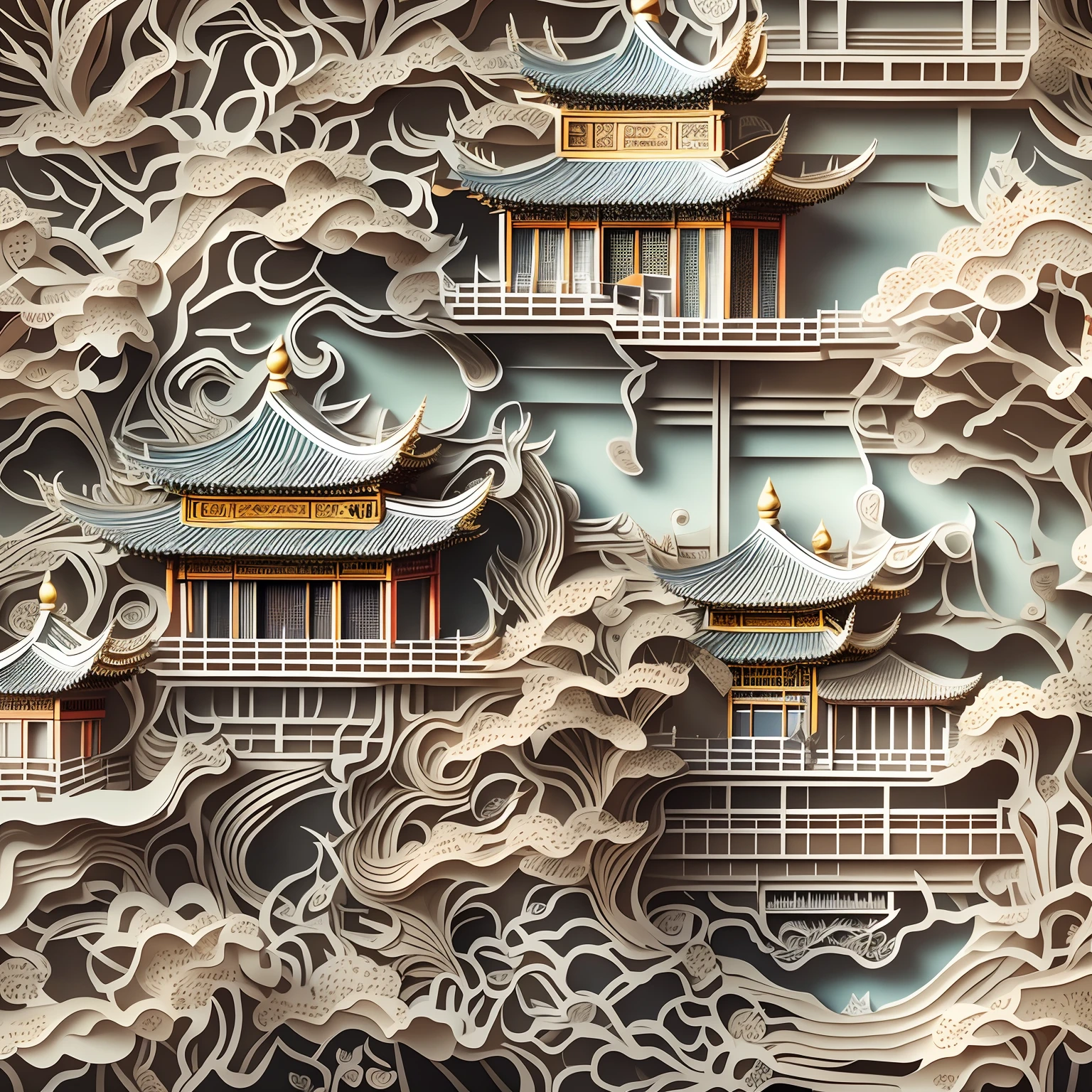 8K, Best quality, Masterpiece, Ultra-high resolution, (photo-realistic:1.4), RAW photo, Close-up, paper cut out, Chinese architecture, ，gardens,Landscapes, Sea of clouds, Sharp focus, Ray tracing, Intricate details,