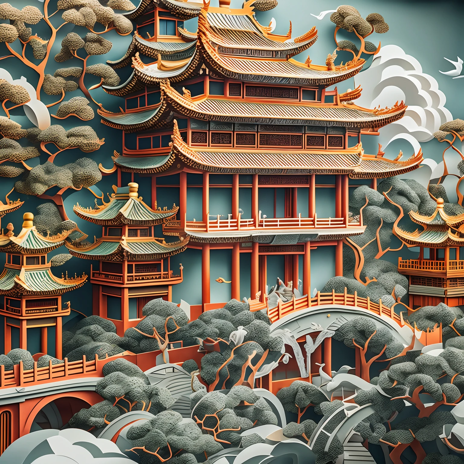 8K, Best quality, Masterpiece, Ultra-high resolution, (photo-realistic:1.4), RAW photo, Close-up, paper cut out, Chinese architecture, ，gardens,Landscapes, Sea of clouds, Sharp focus, Ray tracing, Intricate details,