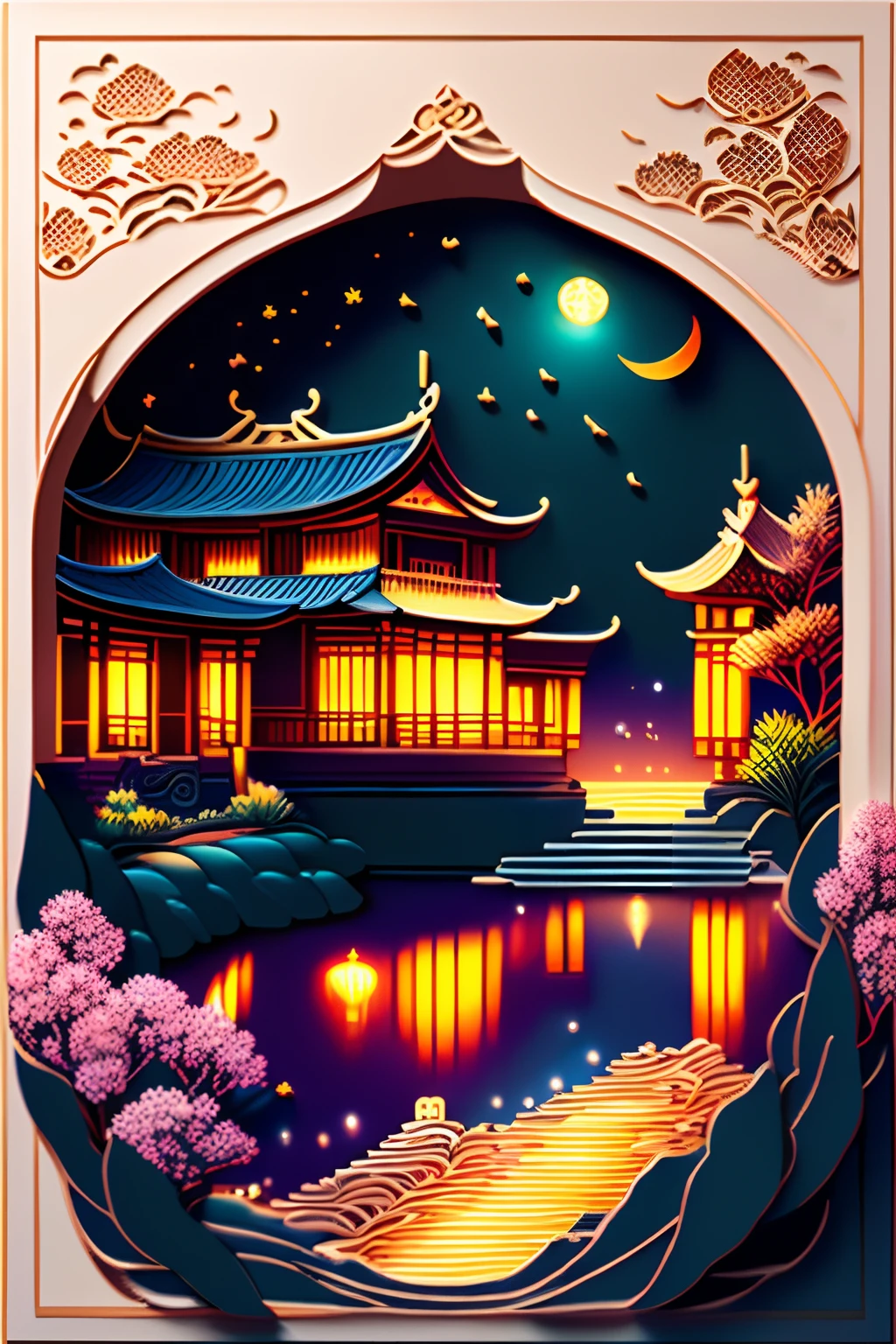 Ultra-high image, Super detail, Super high resolution, midnight, Charming Chinese garden scenery,Landscape painting, arte em papel cortado, Delicate and detailed composition, Professional lighting