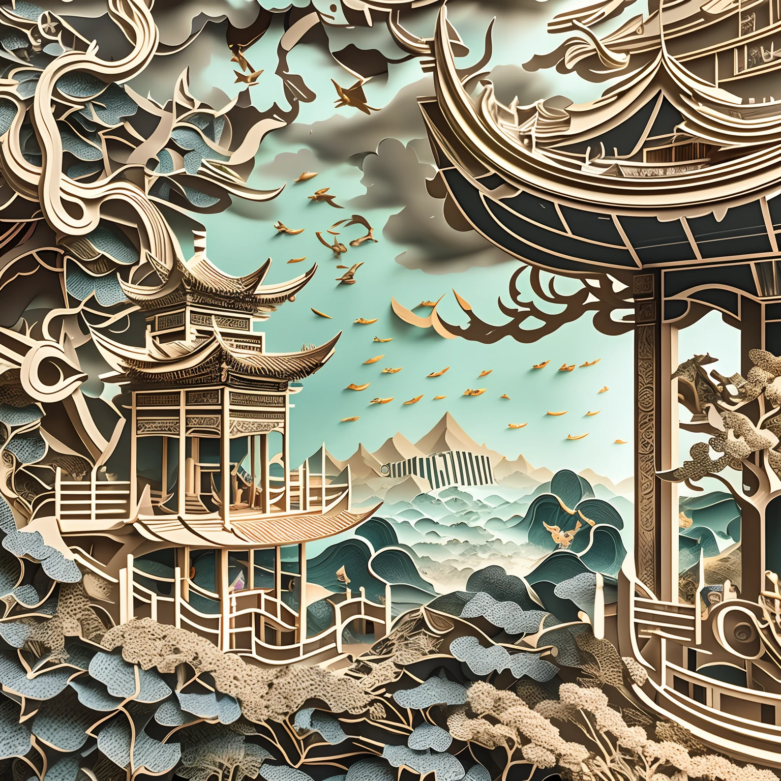 8K, Best quality, Masterpiece, Ultra-high resolution, (photo-realistic:1.4), RAW photo, Close-up, paper cut out, Chinese architecture, ，gardens,Landscapes, Sea of clouds, Sharp focus, Ray tracing, Intricate details,