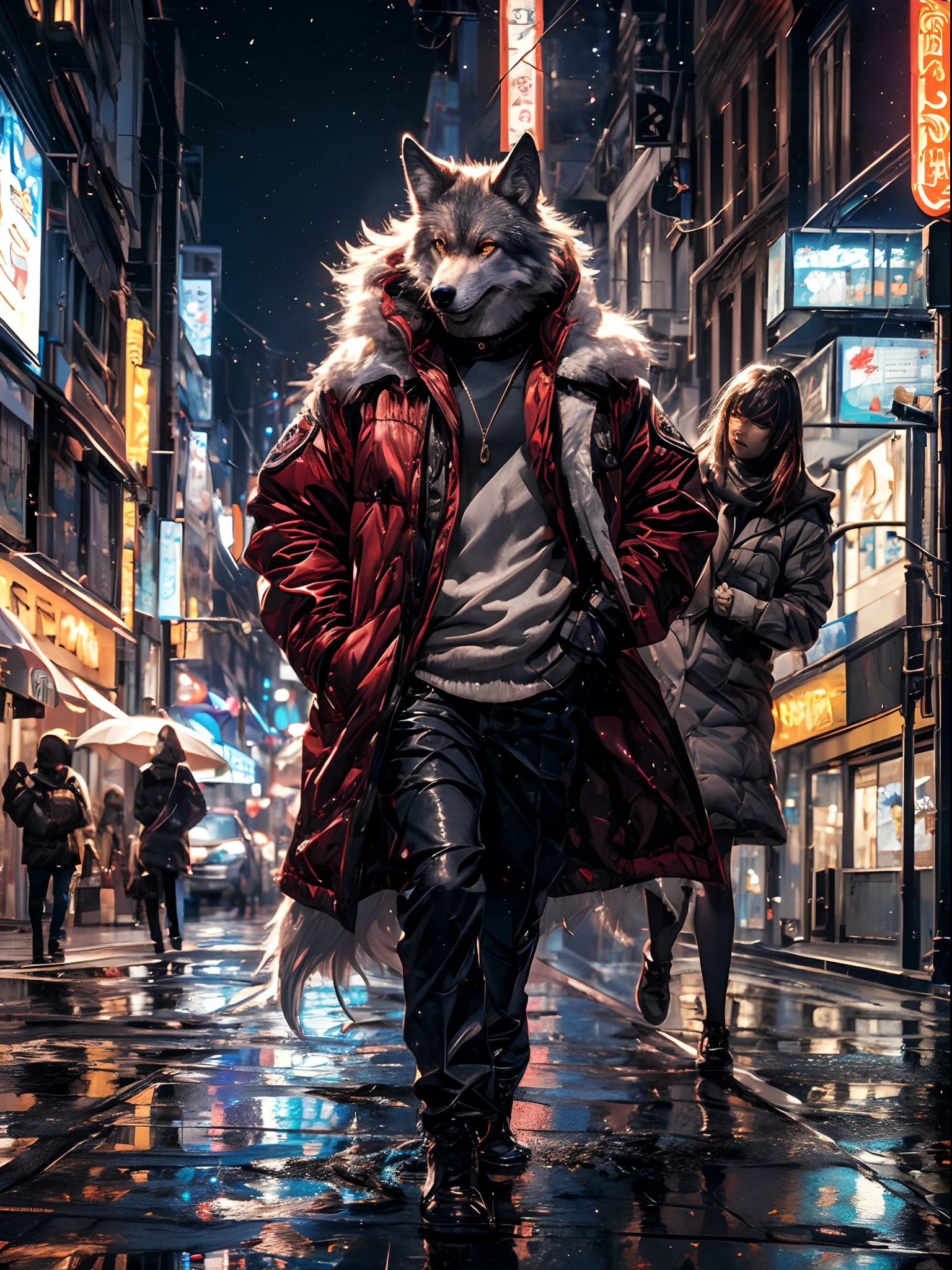 (better detailing, high quality), furry wolf, walking through the city, (night, bright lights, urban environment), (dynamic framing, fierce expression, messy hair), (bright red eyes, detailed coat), (colorful spots, wet streets), (focal point on the wolf's head), (bright focus on the eyes).