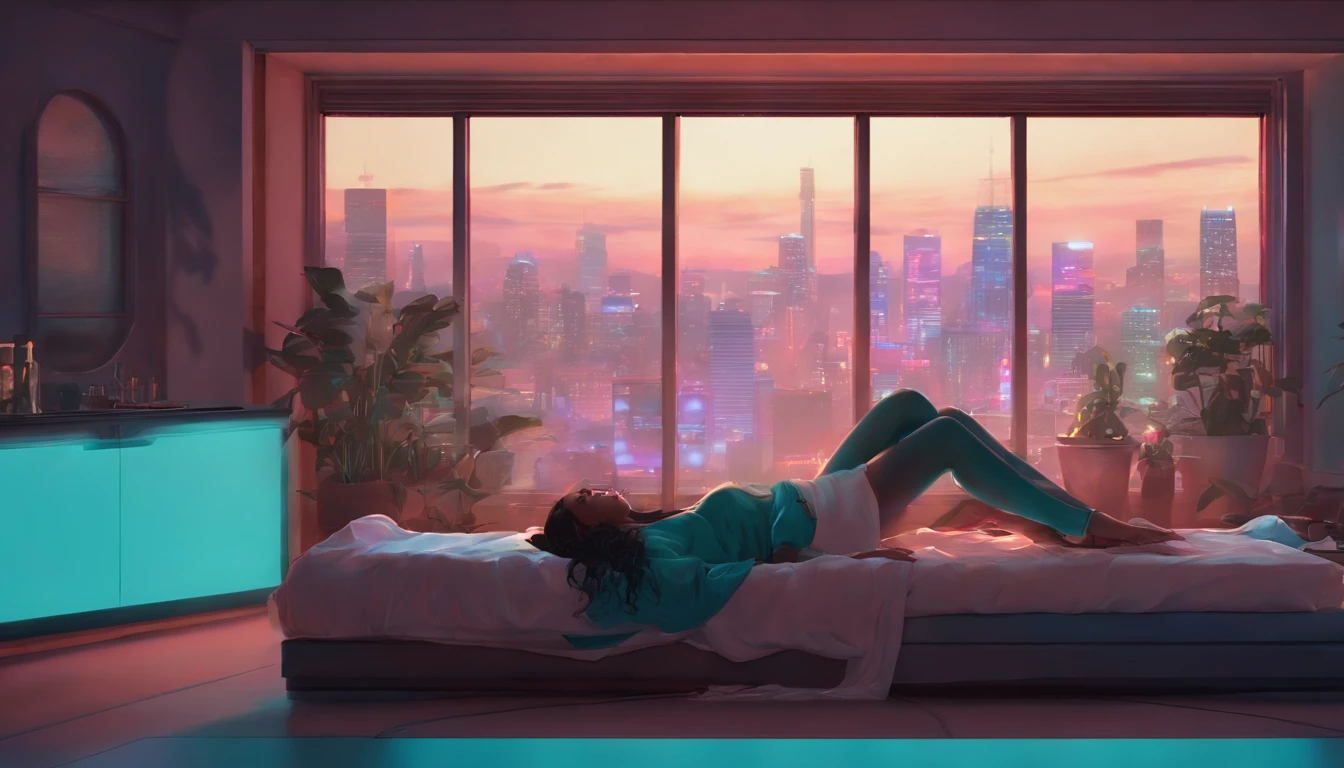 "Create an illustration of a woman lying on a bed, propped up on her elbow, gazing in this direction. She has a gentle expression in her eyes, long turquoise-blue hair. Outside the window, you can see the neon streets of Tokyo, and neon lights are streaming in through the window. The style should be anime-inspired with an 80s city pop vibe. She should have a quirky, charismatic personality, a dreamy aura, and a sense of floating. Think 80s pop fashion, city pop, backlit style, and neon lights."