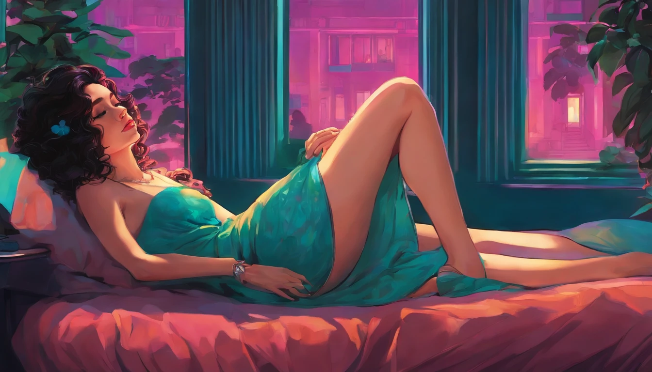 "Create an illustration of a woman lying on a bed, propped up on her elbow, gazing in this direction. She has a gentle expression in her eyes, long turquoise-blue hair. Outside the window, you can see the neon streets of Tokyo, and neon lights are streaming in through the window. The style should be anime-inspired with an 80s city pop vibe. She should have a quirky, charismatic personality, a dreamy aura, and a sense of floating. Think 80s pop fashion, city pop, backlit style, and neon lights."