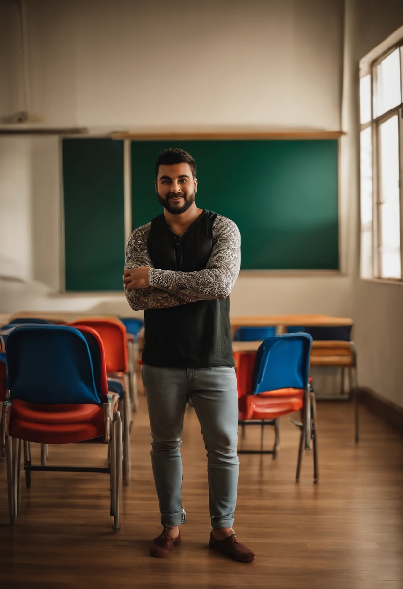 There is a man who has a whiteboard in his hand, imagem de qualidade muito baixa, foto de baixa qualidade, em pose de luta, caio santos, in an action pose, Usando tatuagens shipibo, Pensar Pose, com uma pose cool, em uma sala de aula da escola, Pose legal, em uma sala de aula, Pose satisfeita, holding it out to the camera