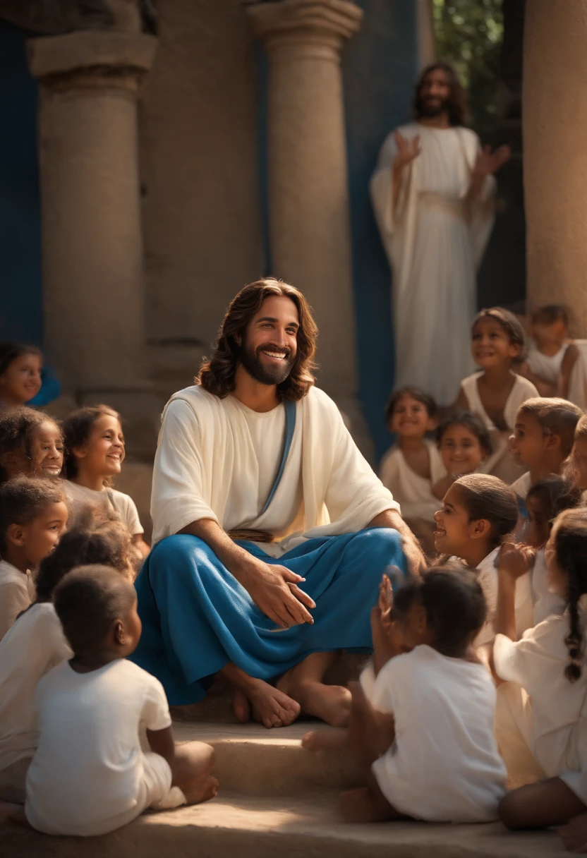 Jesus sitting on the floor smiling talking to many children dressed in blue pants and white T-shirt