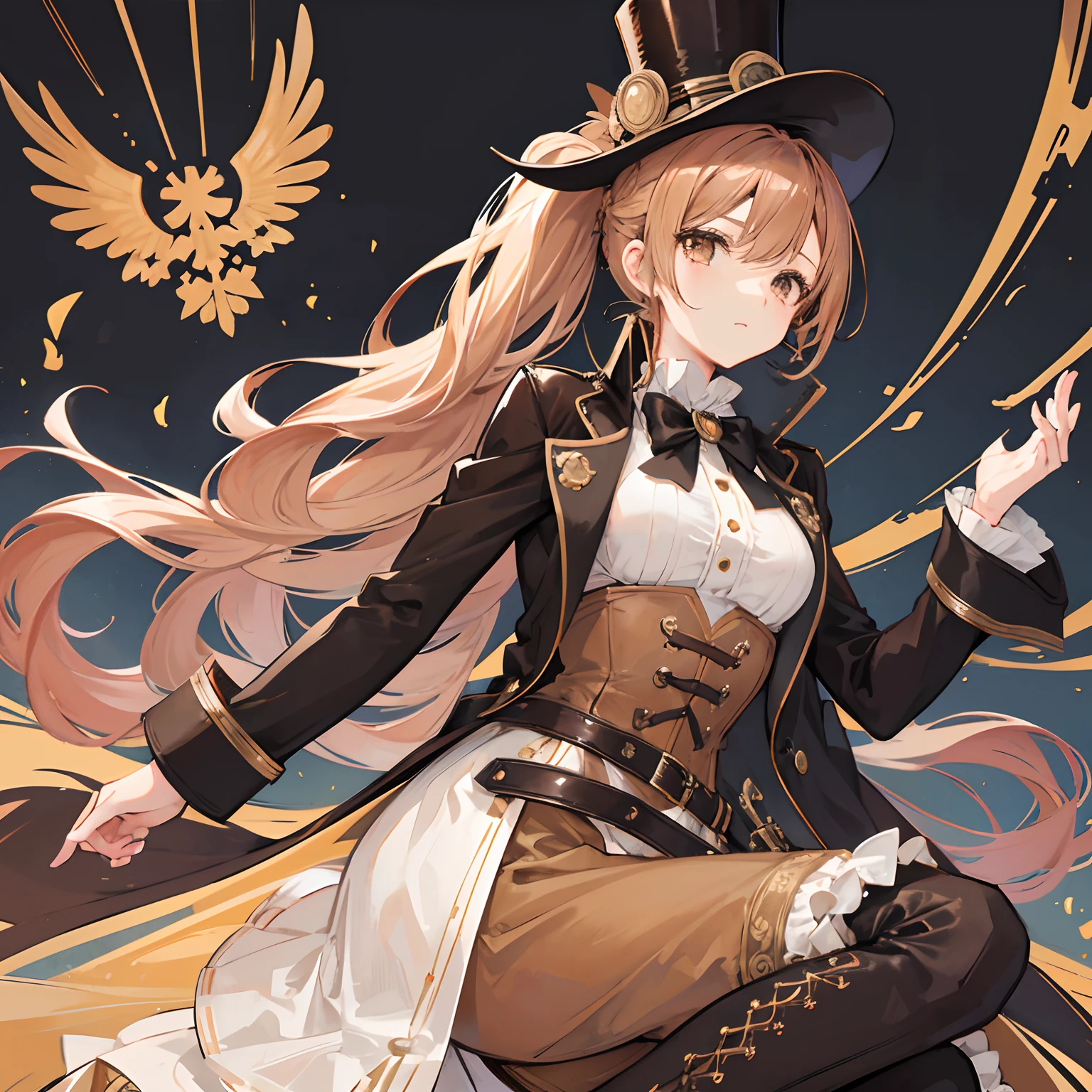 girl,long peach hair tied into a high ponytail,brown eyes,brown victorian era  style woman's top hat,light brown royal leather woman's coat,black fashion boots,monocle on left eye