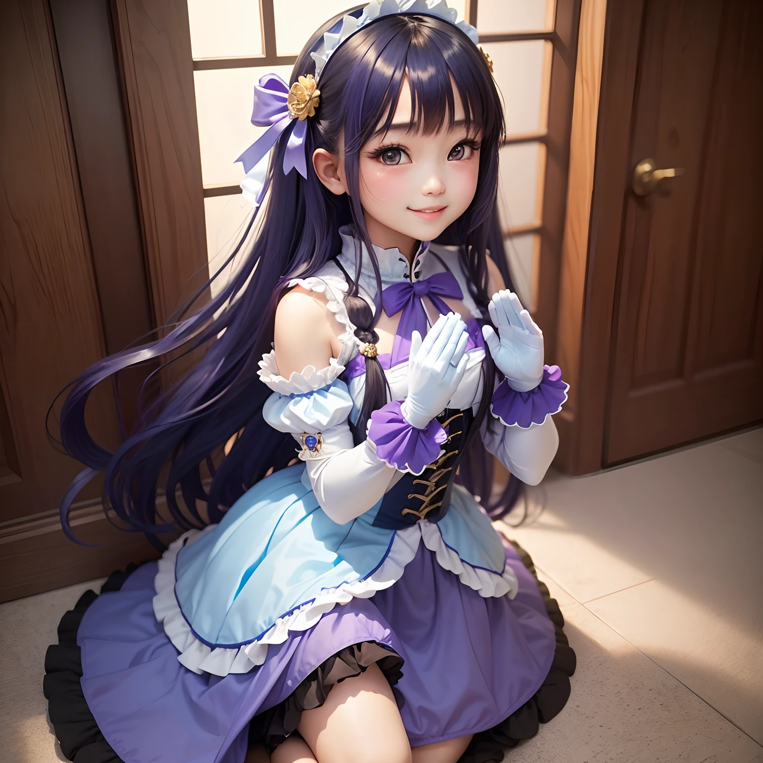 Thai Girl, A beautiful girl with a cute face., Long hair blue-purple, Sea Blue Lolita Dress, Hands to pray, Blue low heels, Smiling face.