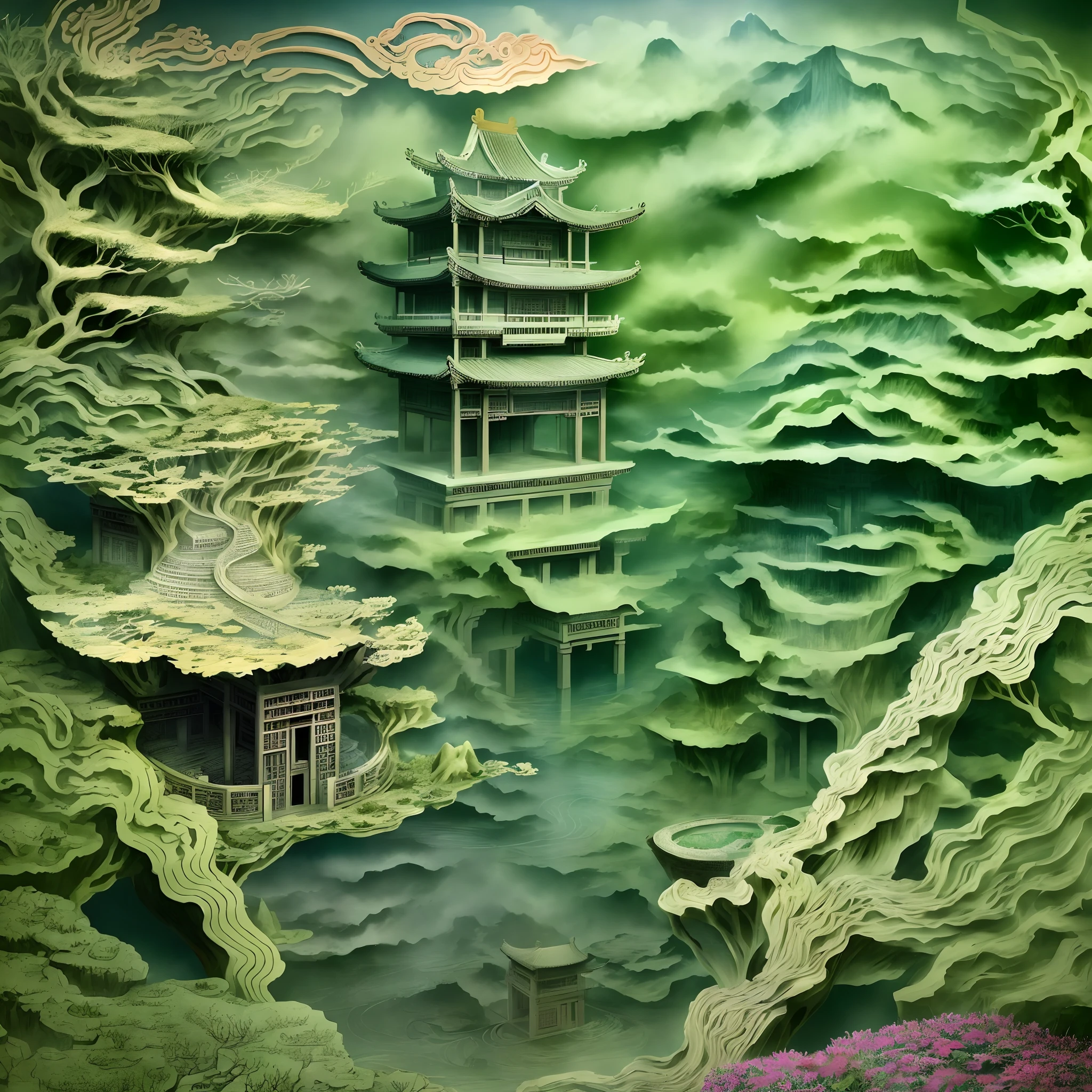 paper cut out,Chinese architecture,gardens,mountain water,Sea of clouds