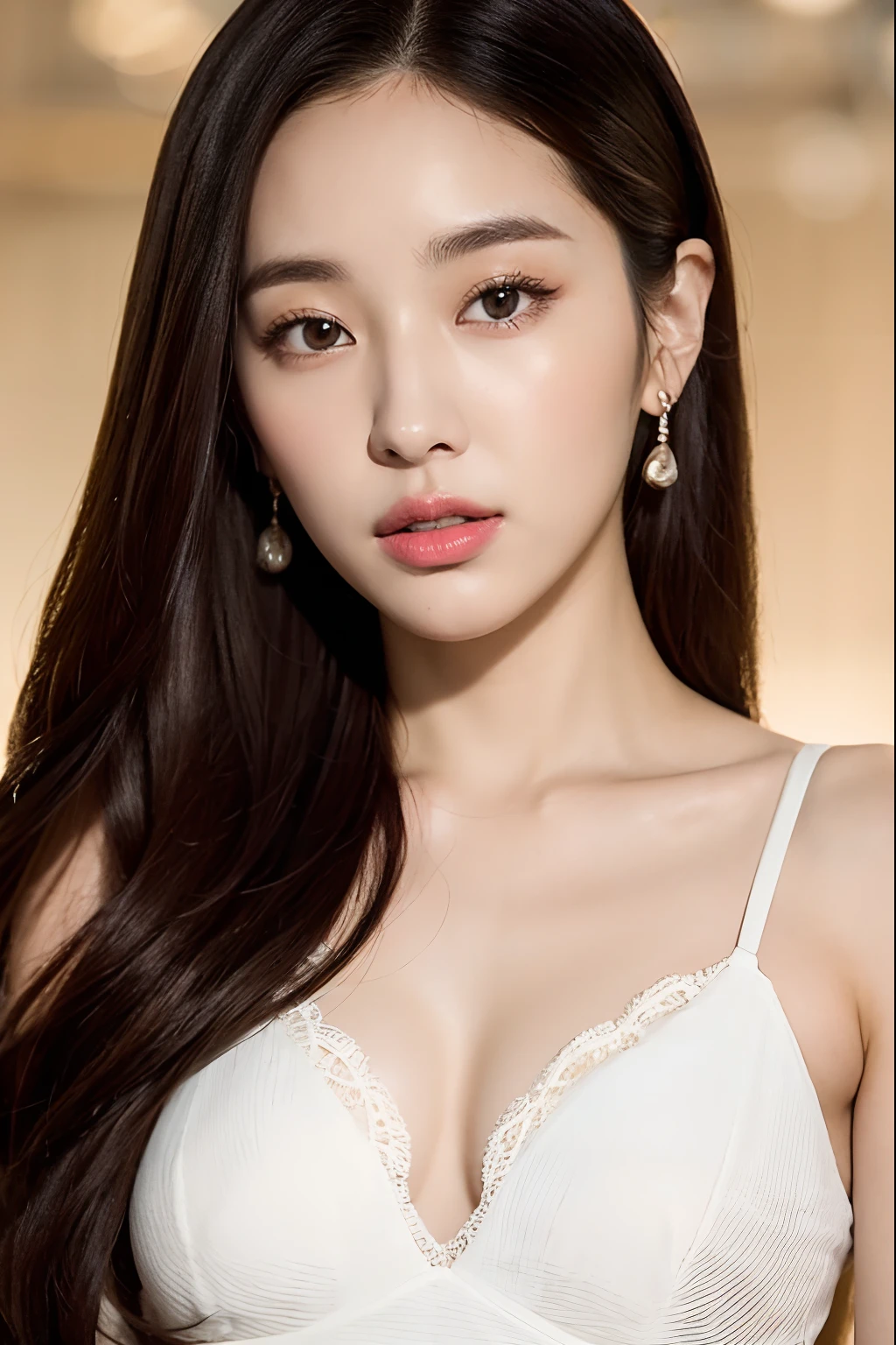 (24 year old lover), (big breasts:1.3),  saggy breasts:1.2、 Cafe、purple sleeveless high neck dress、(masterpiece: 1.3), (maximum resolution: 1.4), (Super high quality: 1.2), cinematic light, Super high quality,make one&#39;My cheeks turned red:1.2、 (beautiful eyes and skin), (detailed facial features), nffsw, 8K resolution, perfect style, beautiful expression、Highly detailed face and skin texture、fine eyes、double eyelid、glitter eyeliner:1.2、shiny skin、pure white skin:1.8、white skin:1.8、red rouge、dark lipstick:1.2、shiny small earrings、glossy lips:1.2、((full body shot:1.2))、(straight long hair、light brown hair)、(very charming smile:1.2)