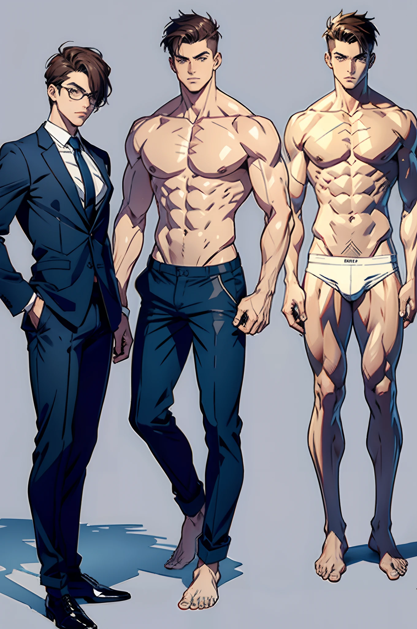 personagem masculino, Drawn at 2 different angles, corpo inteiro, including feet, Poses reference, Anatomy of the main muscles
