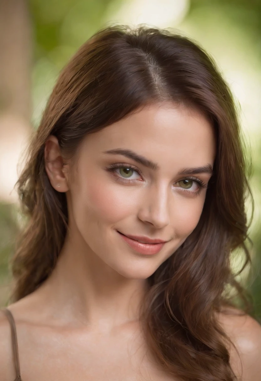20 years old woman, brown hair, ojos verdes, cuerpo entero, piel suave, sonrisa, dressed in sexy lingerie.
