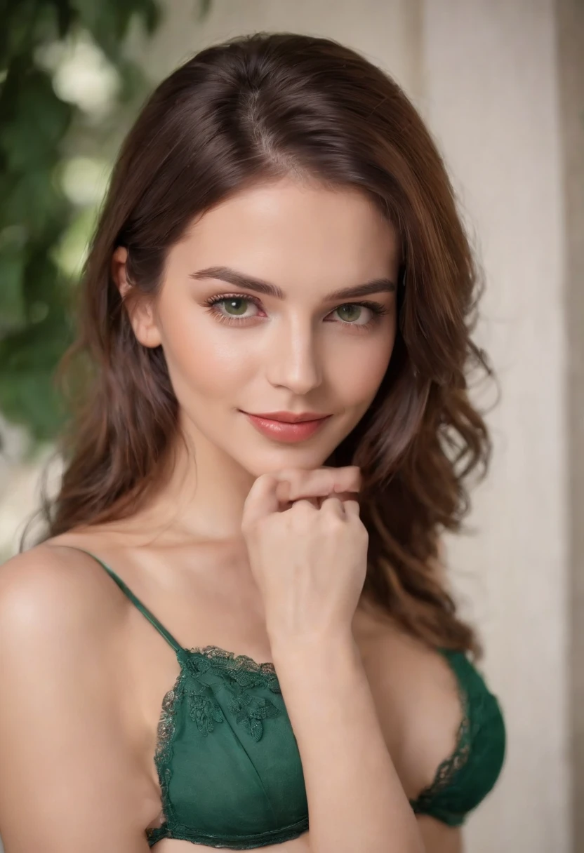 20 years old woman, brown hair, ojos verdes, cuerpo entero, piel suave, sonrisa, dressed in sexy lingerie.