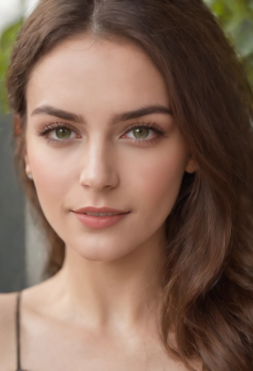 20 years old woman, brown hair, ojos verdes, cuerpo entero, piel suave, sonrisa, dressed in sexy lingerie.