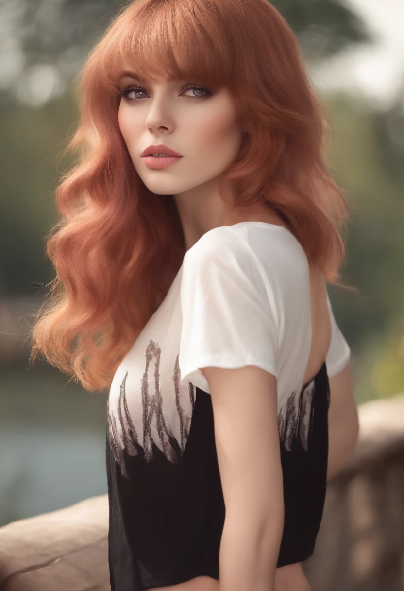 cinnamon hair with bangs, big yellow eyes, pink blush, white t-shirt with black shorts