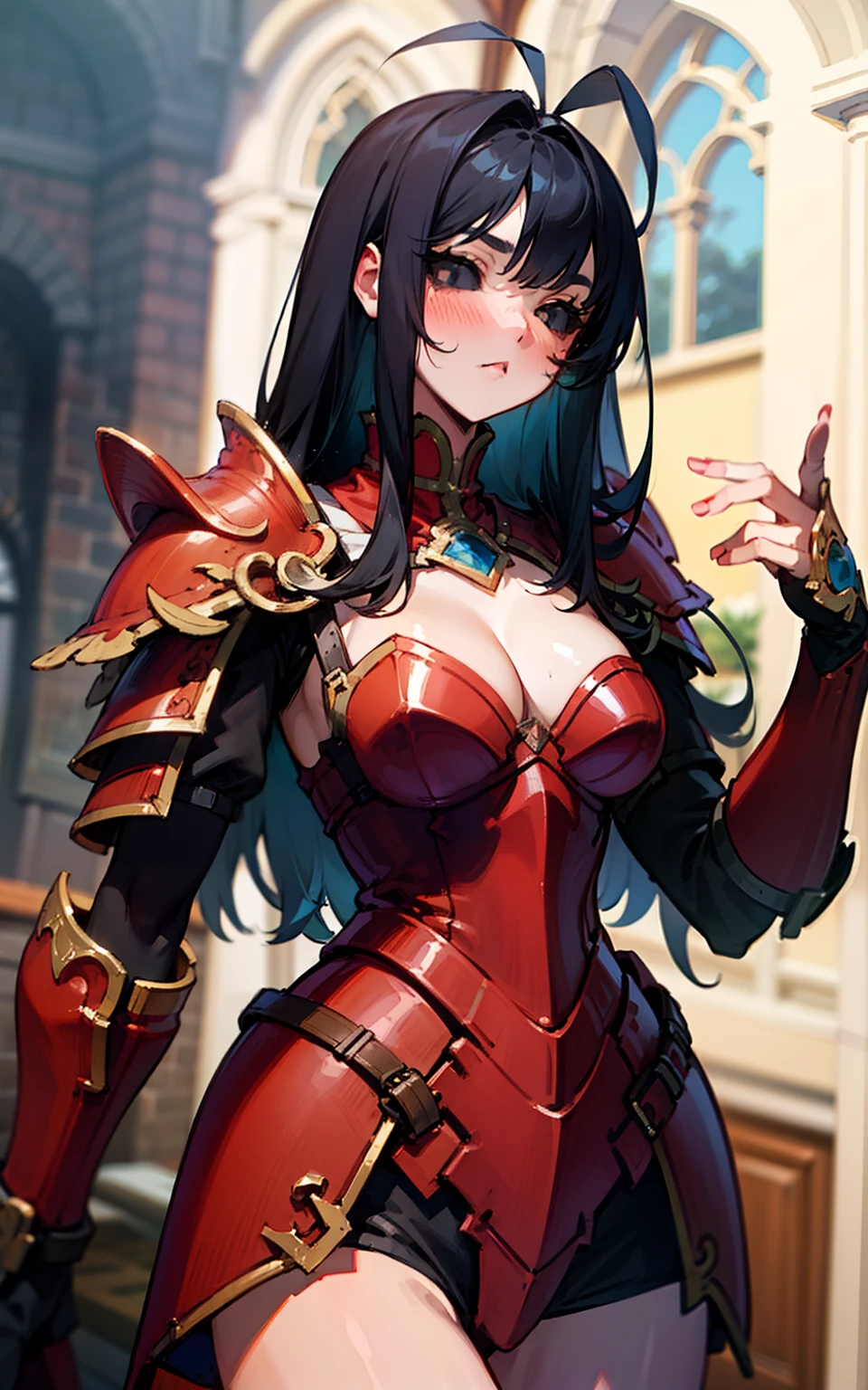 (Original Character,8k, Masterpiece, Best Quality,Detailed, Beautiful Detailed Eyes, solo), fine skin,cleavage,blush,cowboy shot,black eyes,black sclera,black hair,long hair,hair antenna,(red armor),standing in a castle