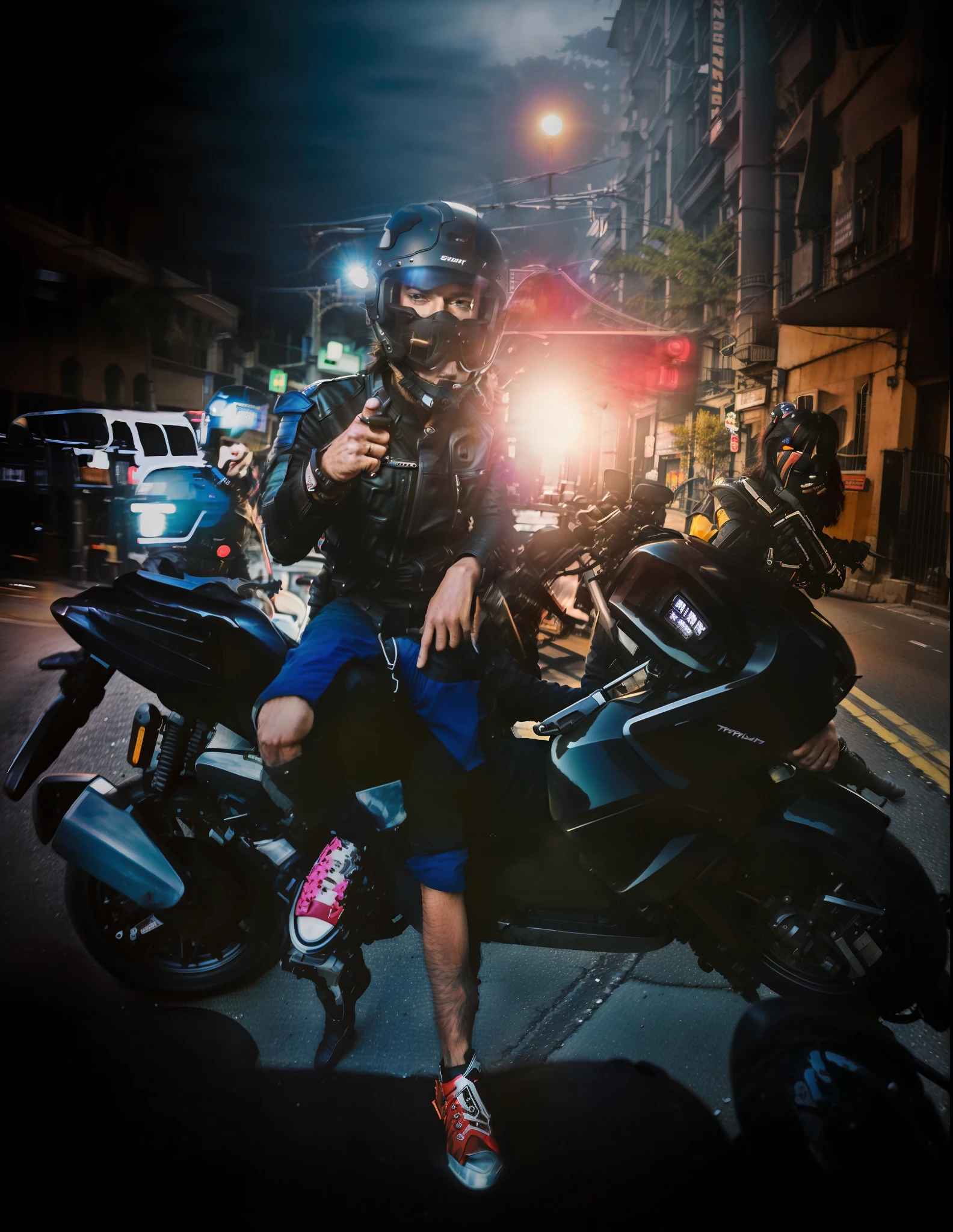 there is a man sitting on a motorcycle on the street, sitting on cyberpunk motorbike, sitting on a motorcycle, touring, 🤬 🤮 💕 🎀, riding a motorcycle, night!, riding a motorbike down a street, taken on go pro hero8, riding a motorbike, moped, riding on the moped scooter, mid shot portrait, motorcycle, night time