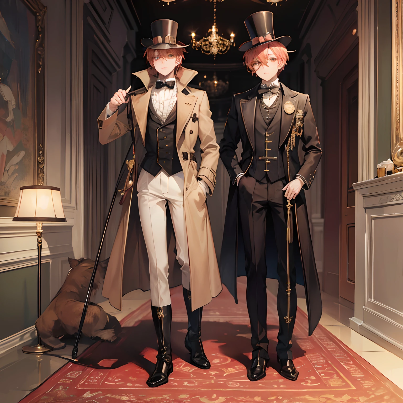 boy,short peach hair,brown eyes,wearing a monocle,royal brown victorian era style coat,top hat,fashionable boots,cane