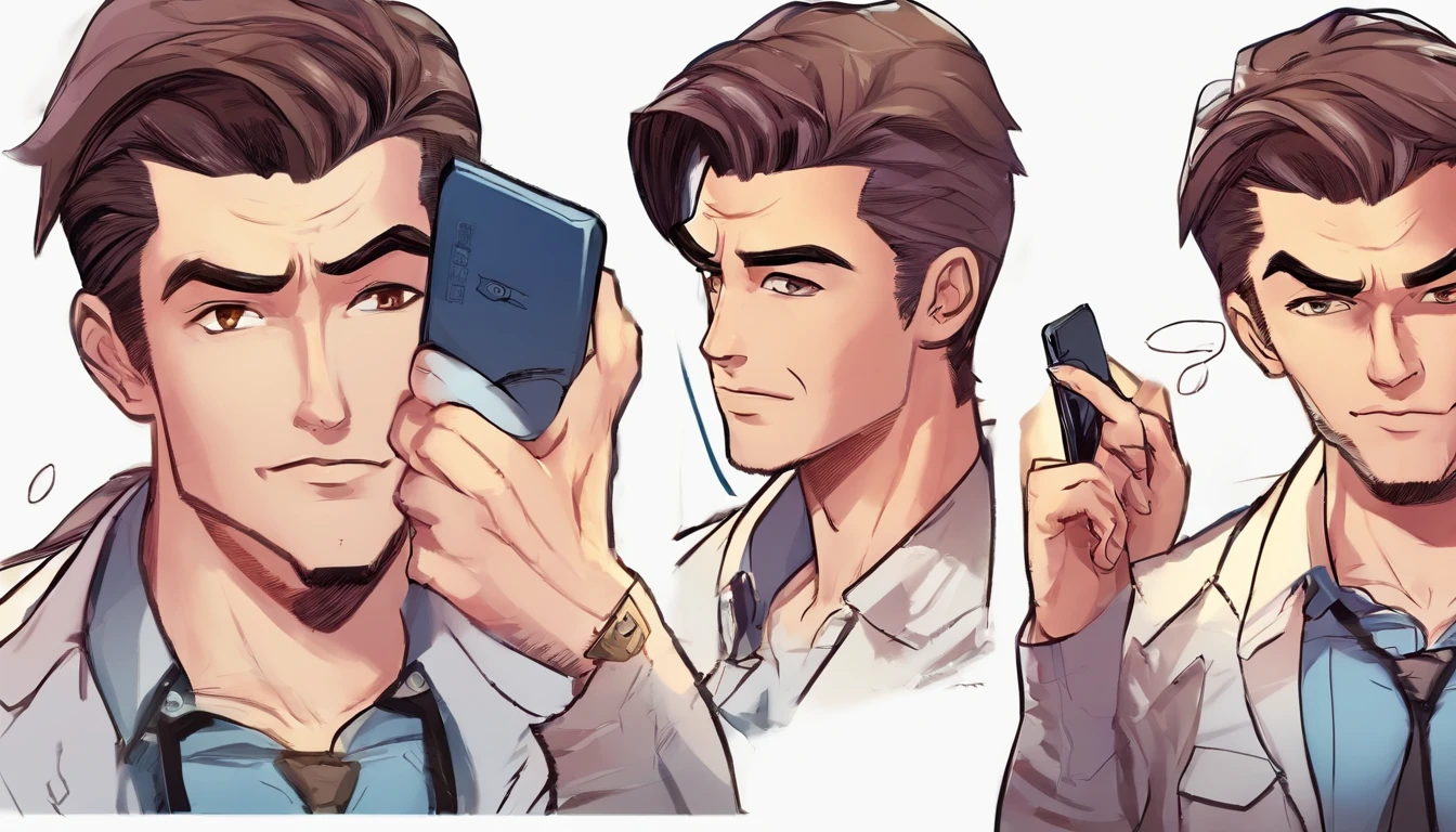 Swarthy guy, Dark short hairstyle with a straight parting, dark eyes, white shirt, black jeans, with the phone in hand, standing pose, character sheet, different angles