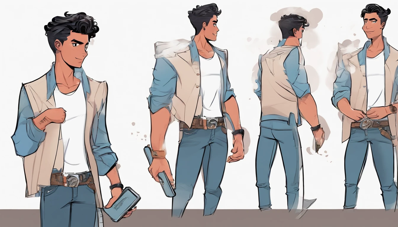 Swarthy guy, Dark short hairstyle with a straight parting, dark eyes, white shirt, black jeans, with the phone in hand, standing pose, character sheet, different angles