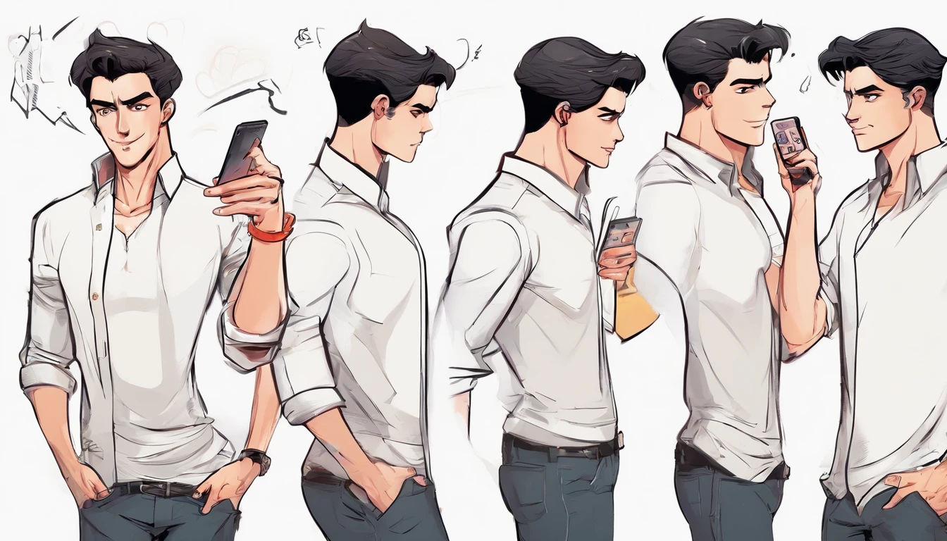 Swarthy guy, Dark short hairstyle with a straight parting, dark eyes, white  shirt, black jeans, with the phone in hand, standing pose, character sheet, different angles
