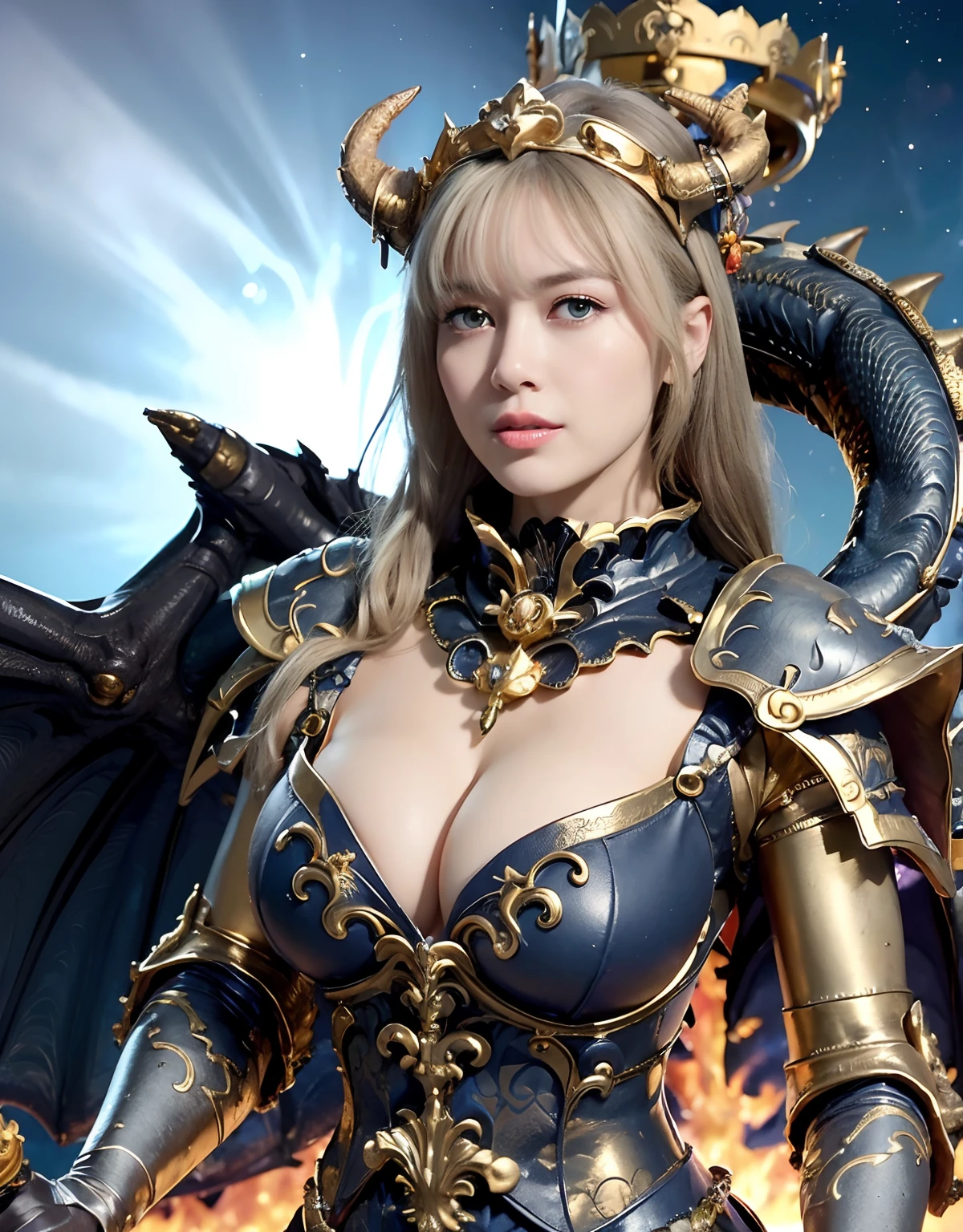 Professional , ​masterpiece、超A high resolution、top-quality、photos realistic  、((super realistic details))、portlate、octan render、8K、Armpit、ultrasharp、（Dragon Black Metal Body:1.９),(Matte Blue Silver、(Night World)、（cleavage of the breast）、Dragon Gold Weapon、（Micro Bikini Armor:1.４),Mystical expression、Gorgeous gold weapons ,（Fight dragons）、Seductive look、（（ Dragon's dense and gorgeous sword）） , （demonic wings）   ,Detail and gorgeous crown、（（a blond））、（Castle background）、（（Gangle's forest background））、Beautiful Caucasian beauty、１a person、dynamic ungle,(((Detailed and ornate dragon helmet)))、Smaller head、A smile、Castle background、Thin and beautiful female hands、cleavage of the breast、Soldier in iron armor on background、Mystical expression、Light Effects、intense fighting、Wind-effect、magic circles、With the legendary magic wand、Dragon's tail、fight、（Fight fiercely against zombie soldiers）、