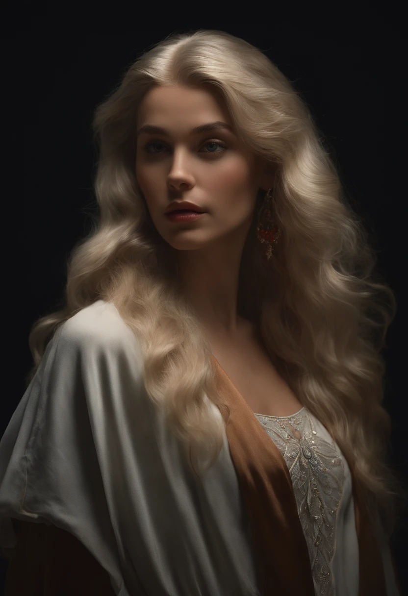 (front focus),(in the dark:1.6), Hyperrealist portrait of female by david hockney and alphonse mucha,fantasy art, photo realistic, dynamic lighting, artstation, poster, volumetric lighting, very detailed faces, 4 k, award winning,, 1girl, in the dark, deep shadow, low key,cowboy shot,(official clothing:1.4) ,long hair,white hair,