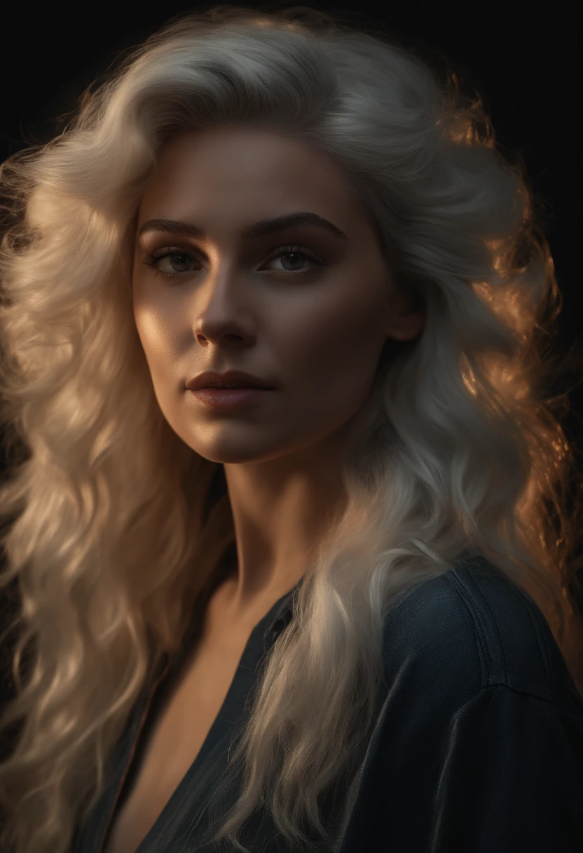 (front focus),(in the dark:1.6), Hyperrealist portrait of female by david hockney and alphonse mucha,fantasy art, photo realistic, dynamic lighting, artstation, poster, volumetric lighting, very detailed faces, 4 k, award winning,, 1girl, in the dark, deep shadow, low key,cowboy shot,(official clothing:1.4) ,long hair,white hair,
