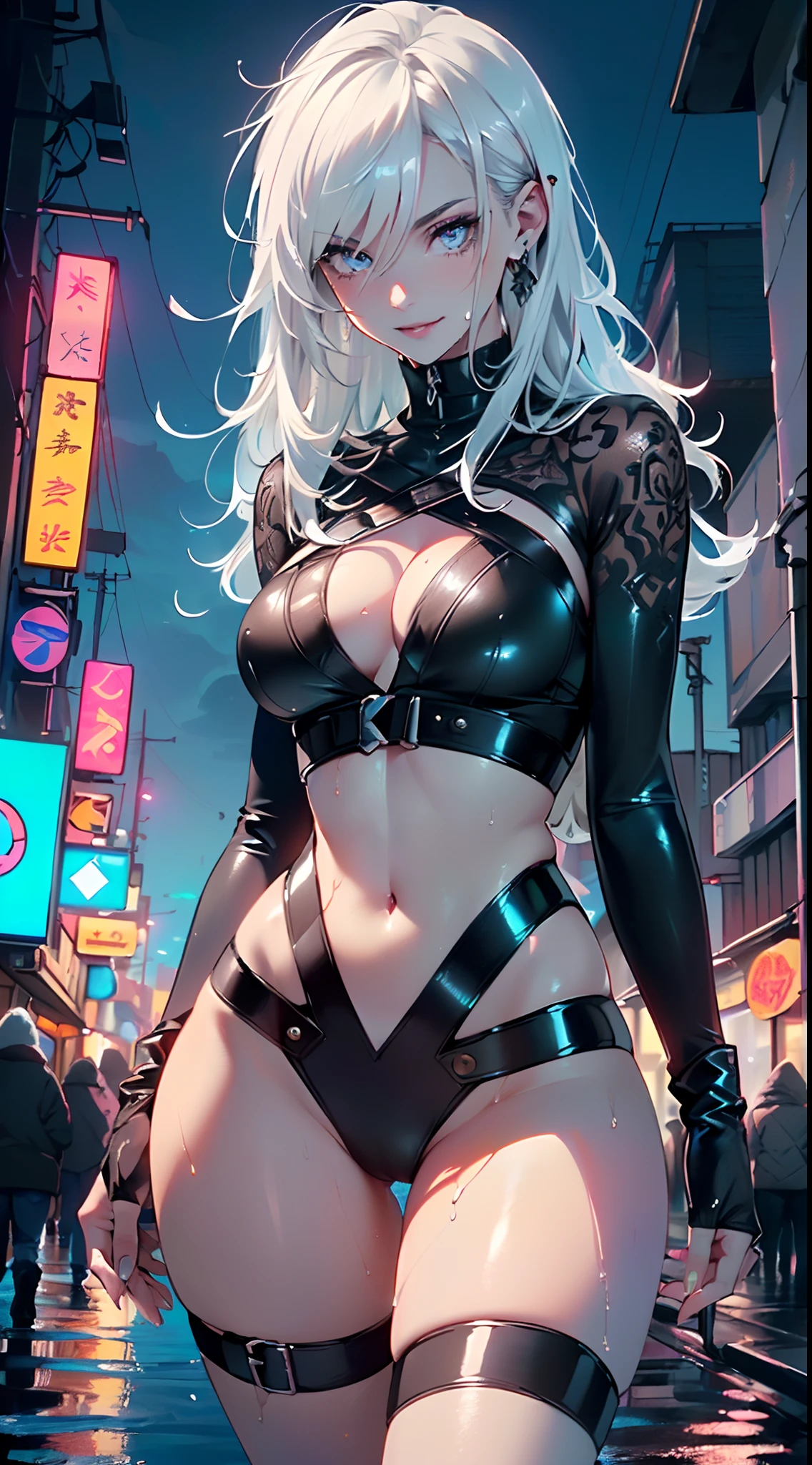 girl hacker,(((1girl))),((girl with extremely cute and beautiful silver hair)),
(large breasts:1.4),saggy breasts,(((silver hair:1.35,straight hair,long hair:1.4,colored inner hair,ear breathing))),(((eyes_blue:1.3))),intricate eyes,beautiful detailed eyes,symmetrical eyes,((fat)),((((pale skin,lustrous skin:1.5,bright skin: 1.5,shiny skin,very shiny skin,shiny body,plastic glitter skin,exaggerated shiny skin,shiny skin like ebony,illuminated skin,wet legs))),(spider lower abdomen,narrow waist,wide hip,athletic body,inflated legs,detailed body,(detailed face)),
cute,slutty,seductive,erotic,(nsfw),
zettai ryouiki,revealing clothing,show skin,((hacker outfit,visible thong straps)),(wearing a hacker outfit:1.3,hacker clothes),((wet clothes,intricate outfit,intricate clothes)),
(dynamic pose:1.0),solo focus,((evil smile,evil look)),(centered,scale to fit dimensions,Rule of thirds),
cyberpunk city by the ocean at night, with bright neon signs and dark stormy clouds and puddles, scenery:1.25,
artistic photography,(photography taken by sldr),highres, sharp focus, (ultra detailed, extremely detailed), (photorealistic artwork:1.37),(extremely detailed CG unity 8k wallpaper),((synthwave background theme)),(((vibrant colors))),(intricate background),(masterpiece),(best quality)