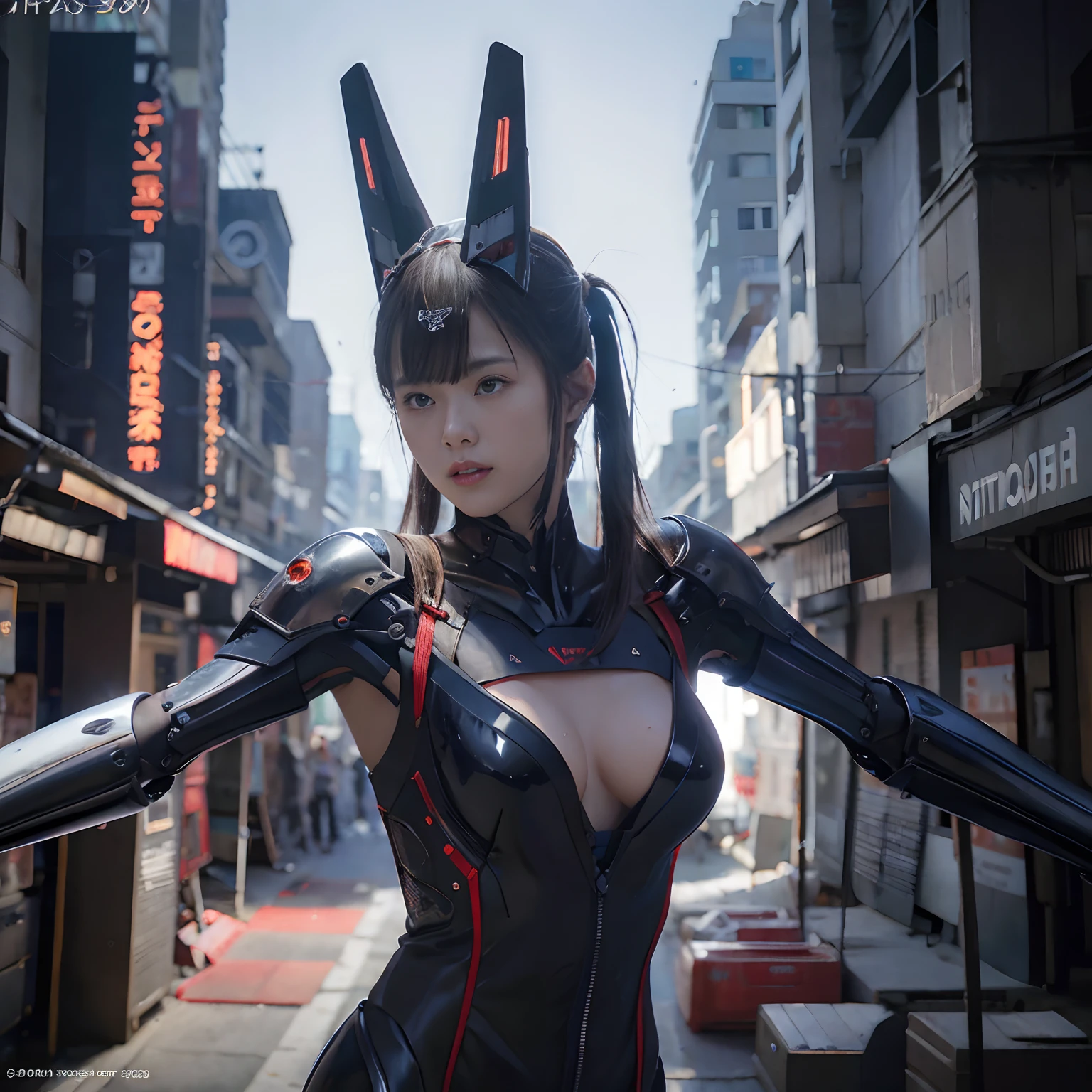 （Part of the skin is a computer）、top-quality、​masterpiece、超A high resolution、(With a futuristic machine gun、holding knive),（Wearing a futuristic hat）、(Photorealsitic:1.4)、Raw photo、女の子1人、Black hair、glowy skin、((1 Mechanical Girl))、((super realistic details))、portlate、（Mystical expression）、explosions、Particles of light、（Small LED lamp）、Wire tubes that glow all over the body、(With state-of-the-art weapons),globalillumination、Shadow、octan render、8K、Armpit、ultrasharp、Colossal tits、Small LED lamp、Raw skin is exposed in cleavage、metals、blood vessels connected to tubes、With weapons、Red bodysuit、Armpit、Cyberpunk city background、Details of complex ornaments、Japan details、highly intricate detail、Realistic light、CGSoation Trends、Blue eyes、radiant eyes、Facing the camera、neon details、（Tattoo numbers on the face）、Mechanical limbs、blood vessels connected to tubes、Mechanical vertebrae attached to the back、mechanical cervical attaching to neck、Wires and cables connecting to the head、Gundam、Small LED lamp、Toostock、Toostock、Futuristic machine gun、Knives、(White Metallic Bodysuit),（Futuristic motorcycle background）、