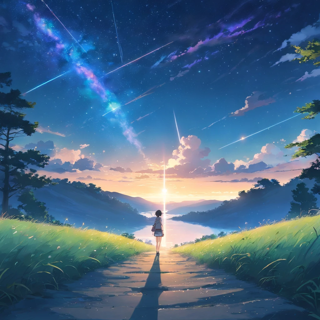 Vast land,Weird literature,Black and white predominantly color,Starry sky dots,Several harmonious clouds,Overlooking,sheer cliffs,Forest grass,exuberant,Strong perspective,Strong depth,A strong sense of depth and closeness,Strange graphics,Strong impact,Starcloud,Darker light,Photographic vistas