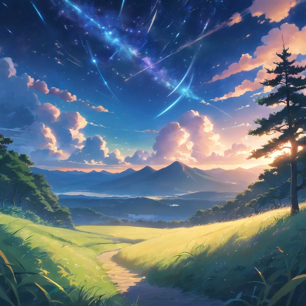Vast land，Weird literature，Black and white predominantly color，Starry sky dots，Several harmonious clouds，Overlooking，sheer cliffs，Forest grass，exuberant，Strong perspective，Strong depth，A strong sense of depth and closeness，Strange graphics，Strong impact，Starcloud，Darker light，Photographic vistas