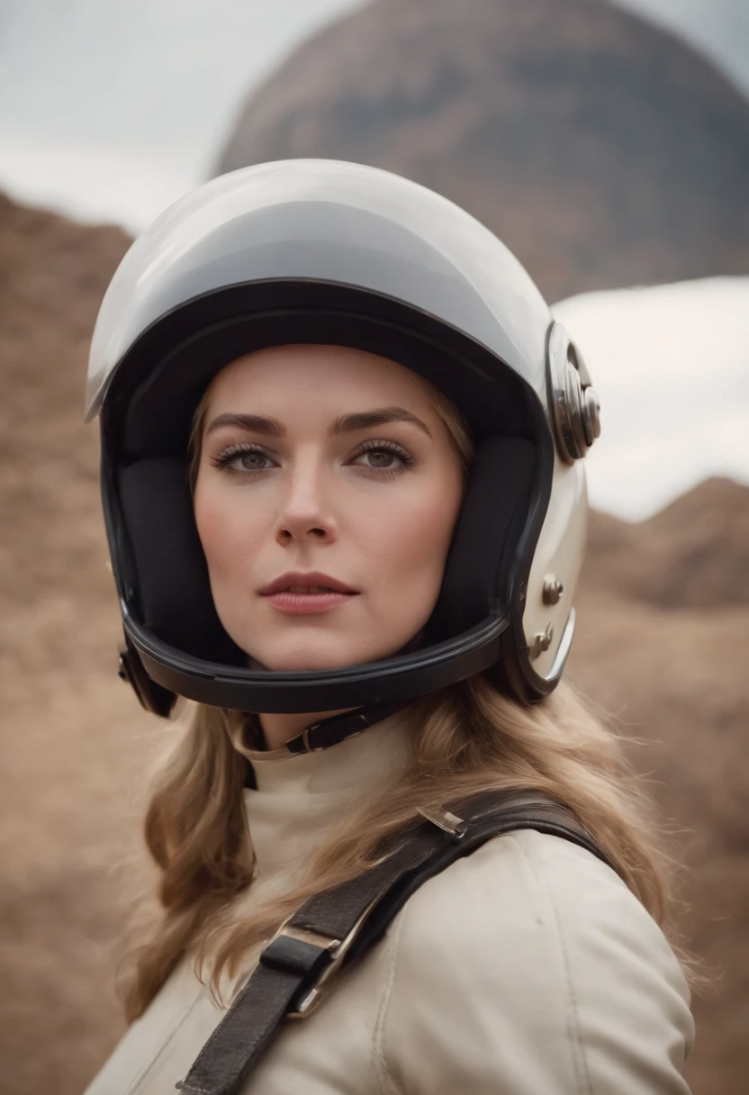 a close up of a woman in a helmet and a helmet on, 2 0 2 1 cinematic 4 k framegrab, barbarella, by Anna Katharina Block, fighter pilot in the cockpit, moody : : wes anderson, retro photography, furious gorgeous woman, sixties, faster, awarded on cgsociety, pompadour, nascar, 2015 cinematography