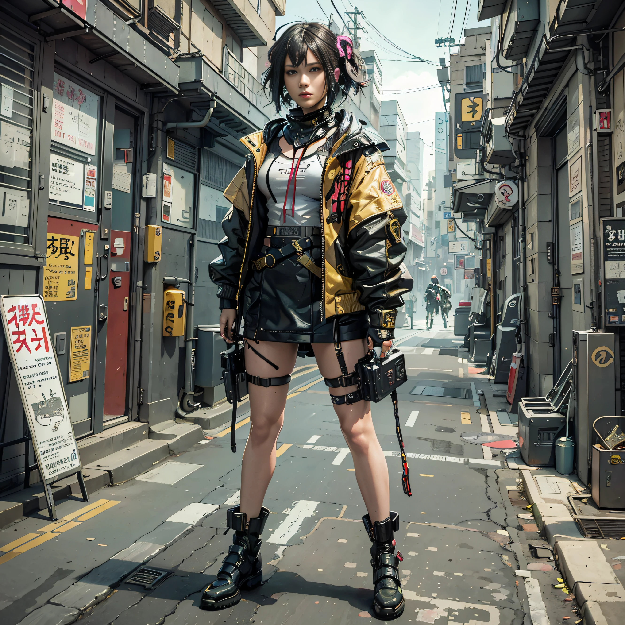 Realistic photography, cinematography, Cyberpunk 1 girl, Tokyo, concept art, full body, (masterpiece:1.2), (best quality:1.3), 1girl, standing, punk dark/Gold techwear clothing girl, futuristic cyberpunk city, dark environment with fog, fog, matrix style, blade runner, pipes and cables, ventilation ducts