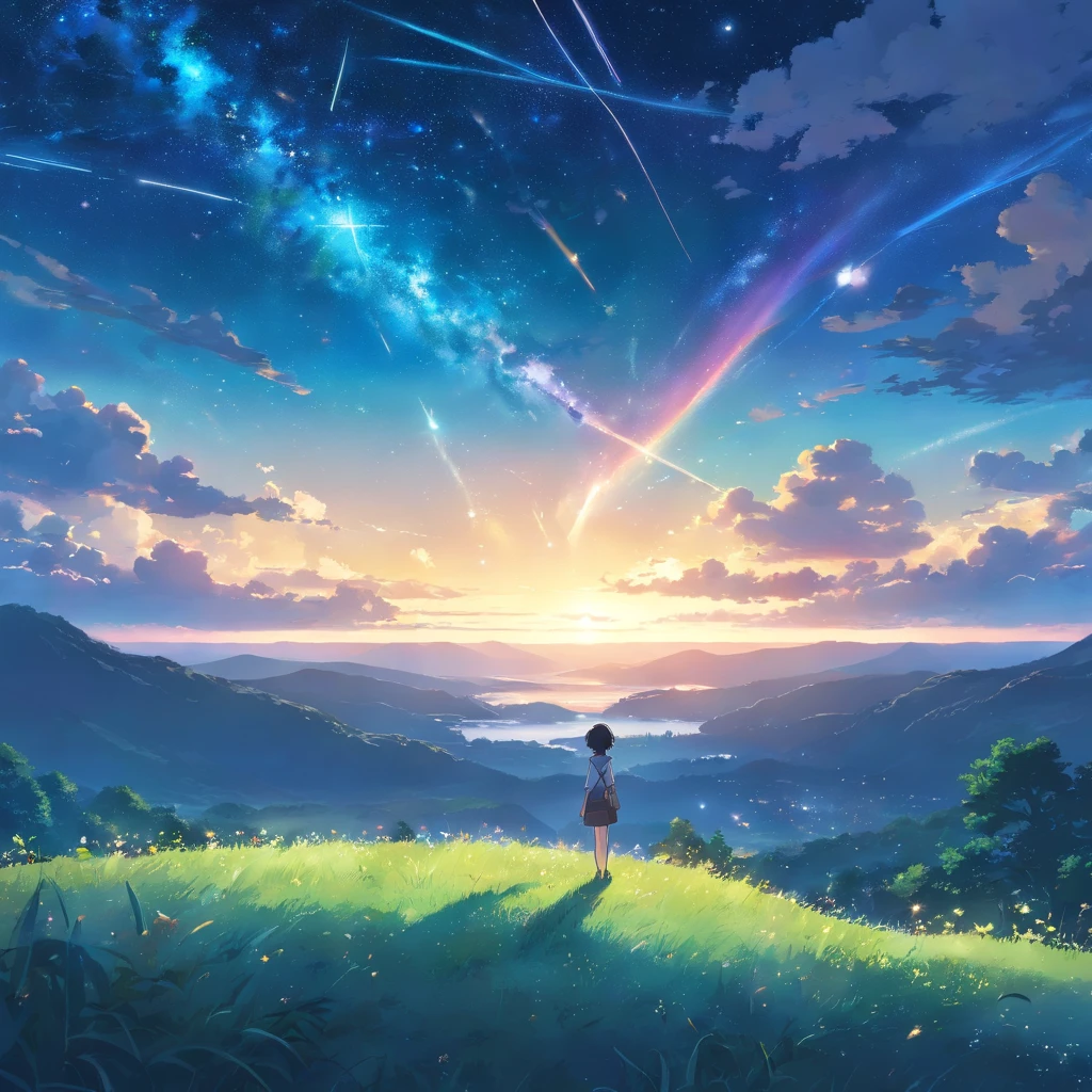 Vast land,Weird literature,Black and white is dominated by color,Starry sky dots,Several harmonious clouds,Overlooking,sheer cliffs,Forest grass,exuberant,Strong perspective,Strong depth,A strong sense of depth and closeness,Strange graphics,Strong impact,Starcloud,Darker light,Photographic vistas
