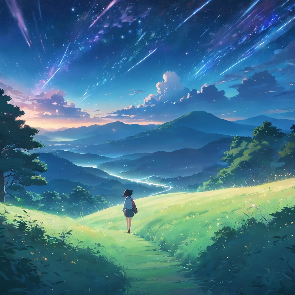 Vast land,Weird literature,Black and white is dominated by color,Starry sky dots,Several harmonious clouds,Overlooking,sheer cliffs,Forest grass,exuberant,Strong perspective,Strong depth,A strong sense of depth and closeness,Strange graphics,Strong impact,Starcloud,Darker light,Photographic vistas