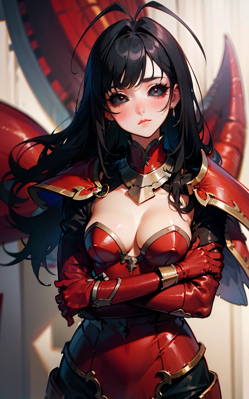 (Original Character,8k, Masterpiece, Best Quality,Detailed, Beautiful Detailed Eyes, solo), fine skin,cleavage,blush,cowboy shot,black eyes,black sclera,black hair,long hair,hair antenna,(red armor)