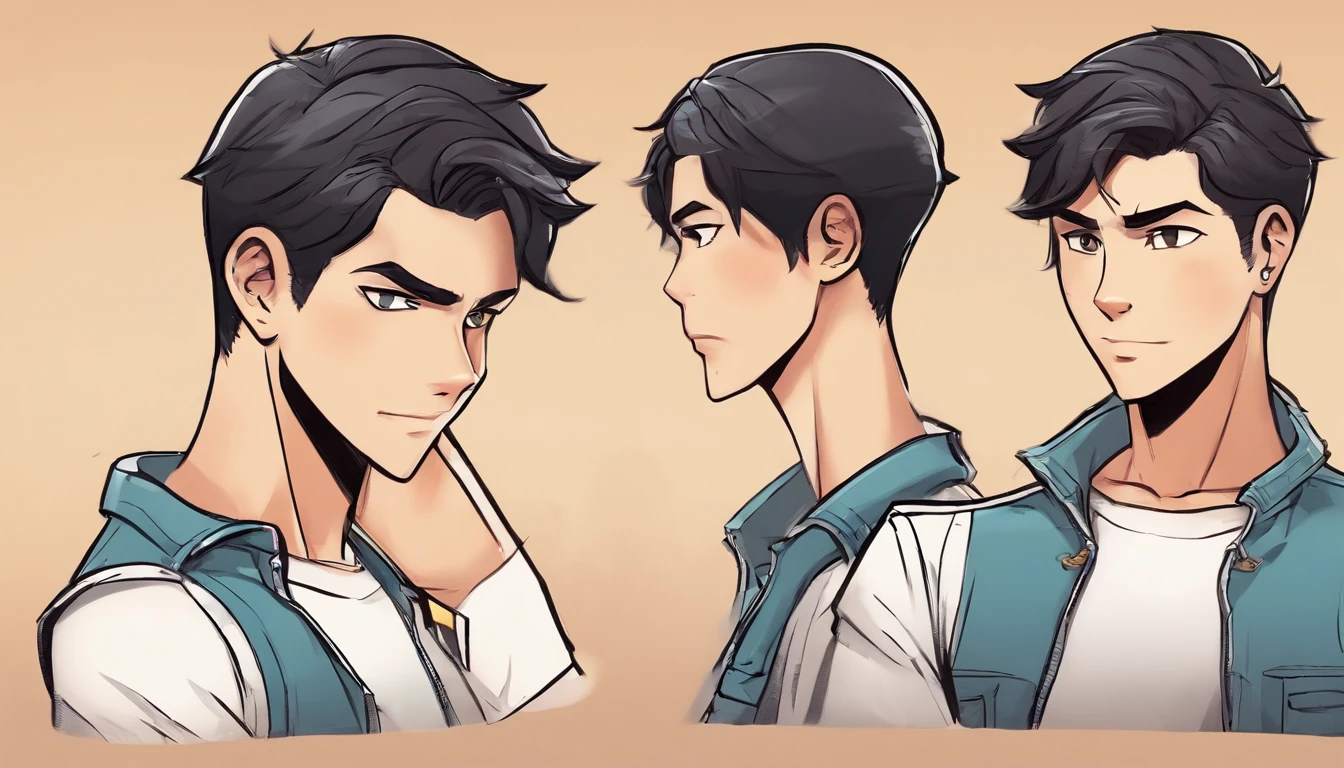 swarthy teenage guy, Dark short hairstyle with a straight parting, dark eyes, white shirt, black jeans, with the phone in hand, standing pose, character sheet, different angles