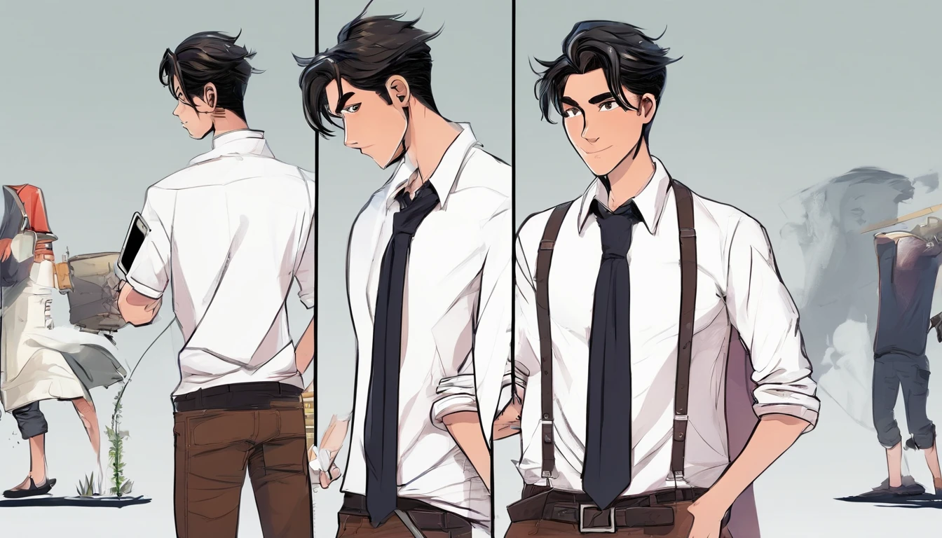 swarthy age guy, Dark short hairstyle with a straight parting, dark eyes, white  shirt, black jeans, with the phone in hand, standing pose, character sheet, different angles
