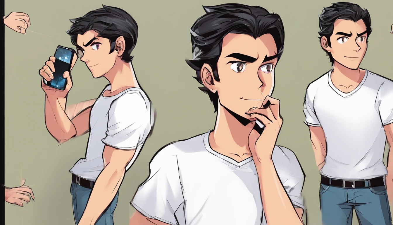 swarthy teenage guy, Dark short hairstyle with a straight parting, dark eyes, white  shirt, black jeans, with the phone in hand, standing pose, character sheet, different angles
