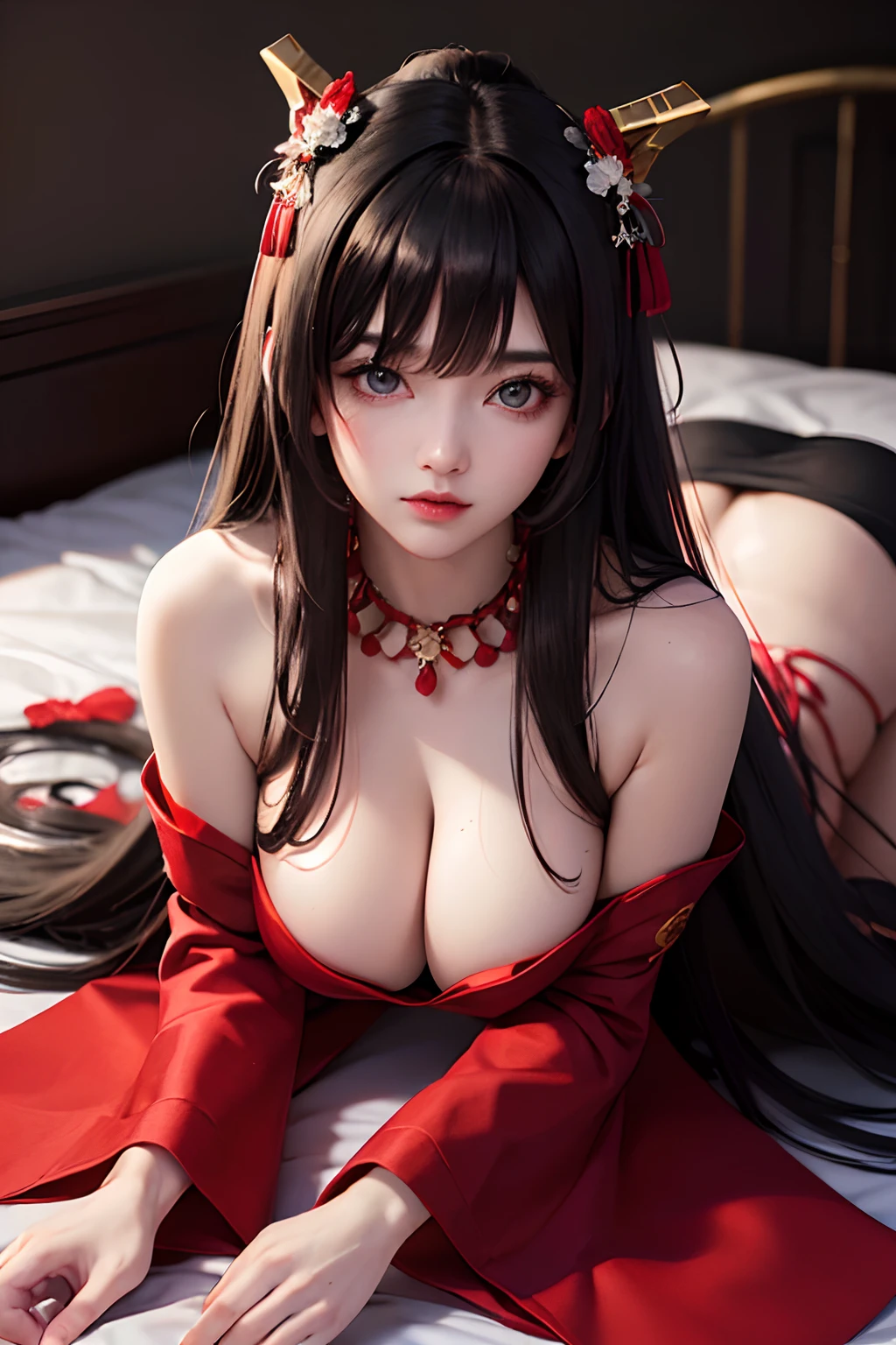 ((Masterpeace)),(high quality:1.5),( very_high_resolution), large_filesize, full color,(dark room),(red lighting),((red geisha costume)),whole body, on_bed,(on all fours),(Beautiful face), embarrassed, detailed shadow,(tearful), girl,woman,female, young,25 years old, long hair, wavy hair, bangs, eyes visible through hair, sidelocks, (black hair:1.2), messy long hair, beautiful and detailed eyes, bare_shoulders, delicate hands, medium_breasts, barefoot,almond-sharped eyes, brown eyes, white skin, chromatic_aberration,