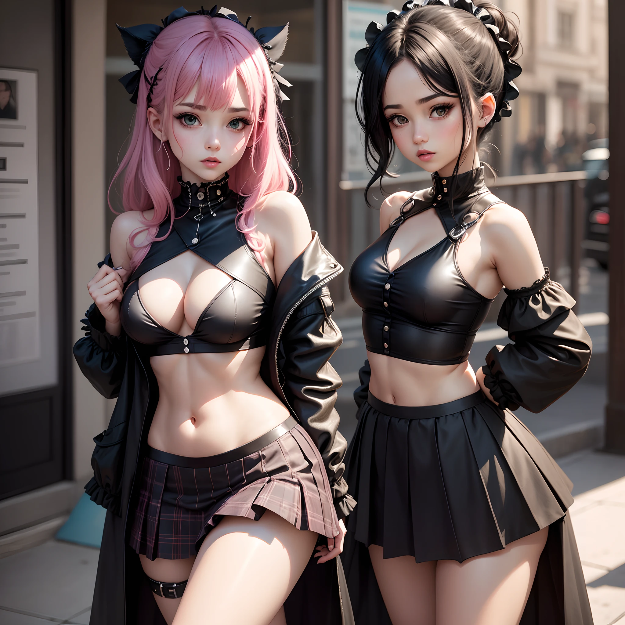 A cute and goth young girl, de cabelo rosa longo, olhos verdes brilhantes, nariz fino, queixo feminino, bochechas coradas, com um olhar fofo e bravo fazendo biquinho. Thorax of a mature adolescent, peitos grandes, uma barriga e cintura deslumbrantes que combinam perfeitamente com o resto de seu corpo sensual, atraente e fofinho. She wears only a pleated summer half skirt, harajuku, irregular punk style, asymmetrical plaid women's skirts, high waist, black skirts. She's trying to orgasm so that you can see perfectly