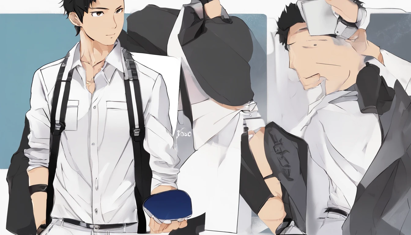 Swarthy guy, Dark short hairstyle with a straight parting, dark eyes, white shirt, black jeans, with the phone in hand, standing pose, character sheet, different angles