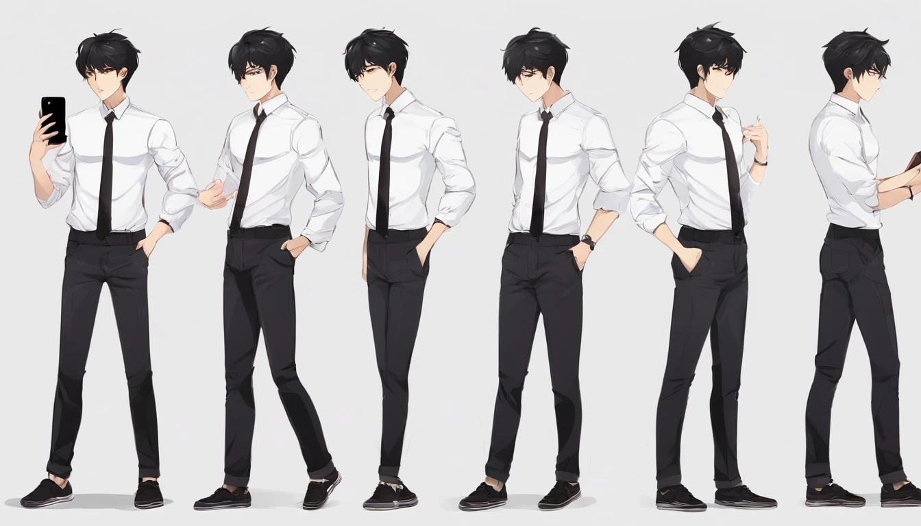 Swarthy guy, Dark short hairstyle with a straight parting, dark eyes, white shirt, black jeans, with the phone in hand, standing pose, character sheet, different angles