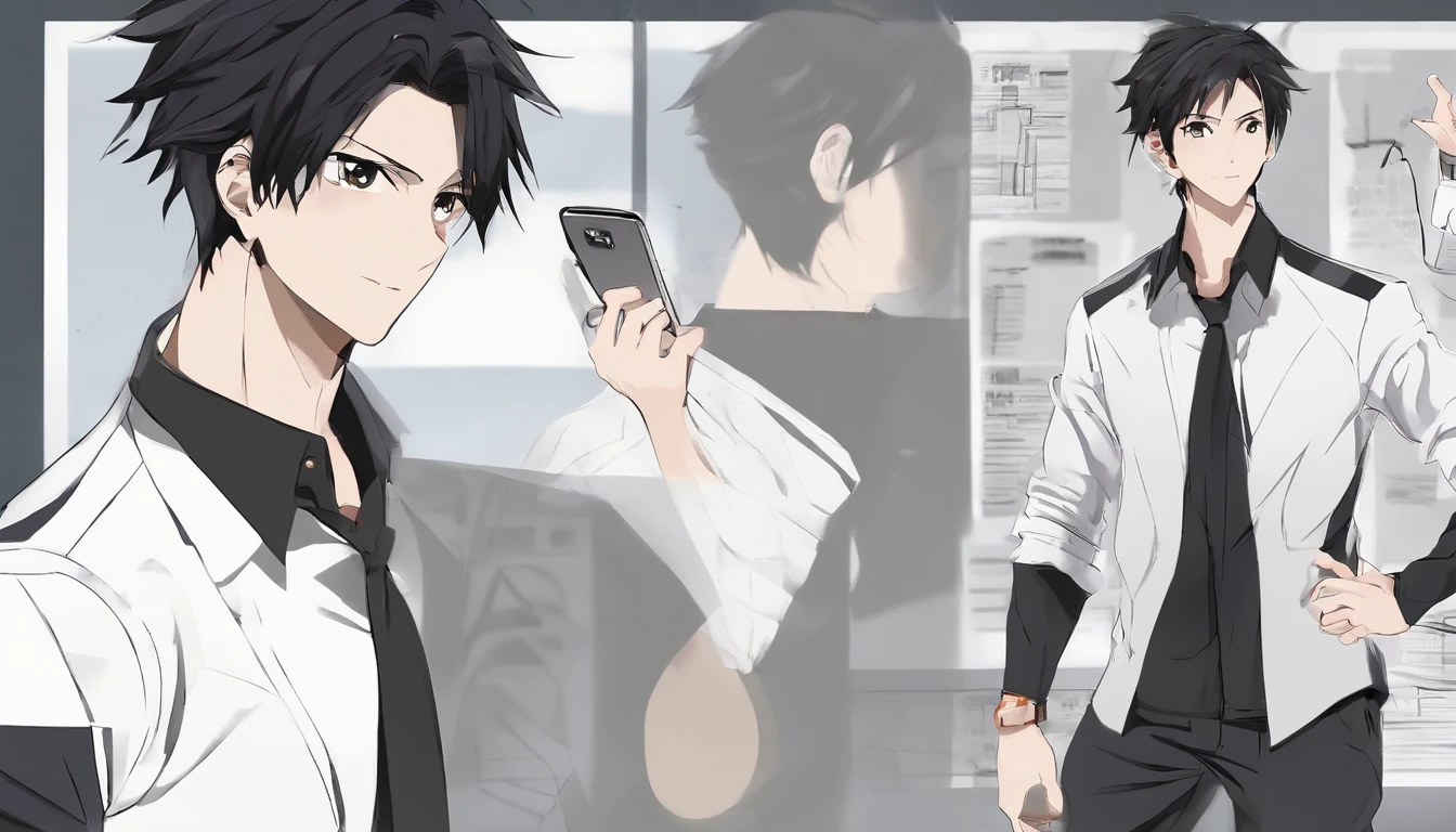 Swarthy guy, Dark short hairstyle with a straight parting, dark eyes, white  shirt, black jeans, with the phone in hand, standing pose, character sheet, different angles