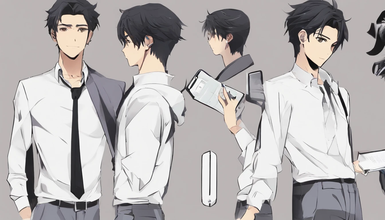 Swarthy guy, Dark short hairstyle with a straight parting, dark eyes, white  shirt, black jeans, with the phone in hand, standing pose, character sheet, different angles