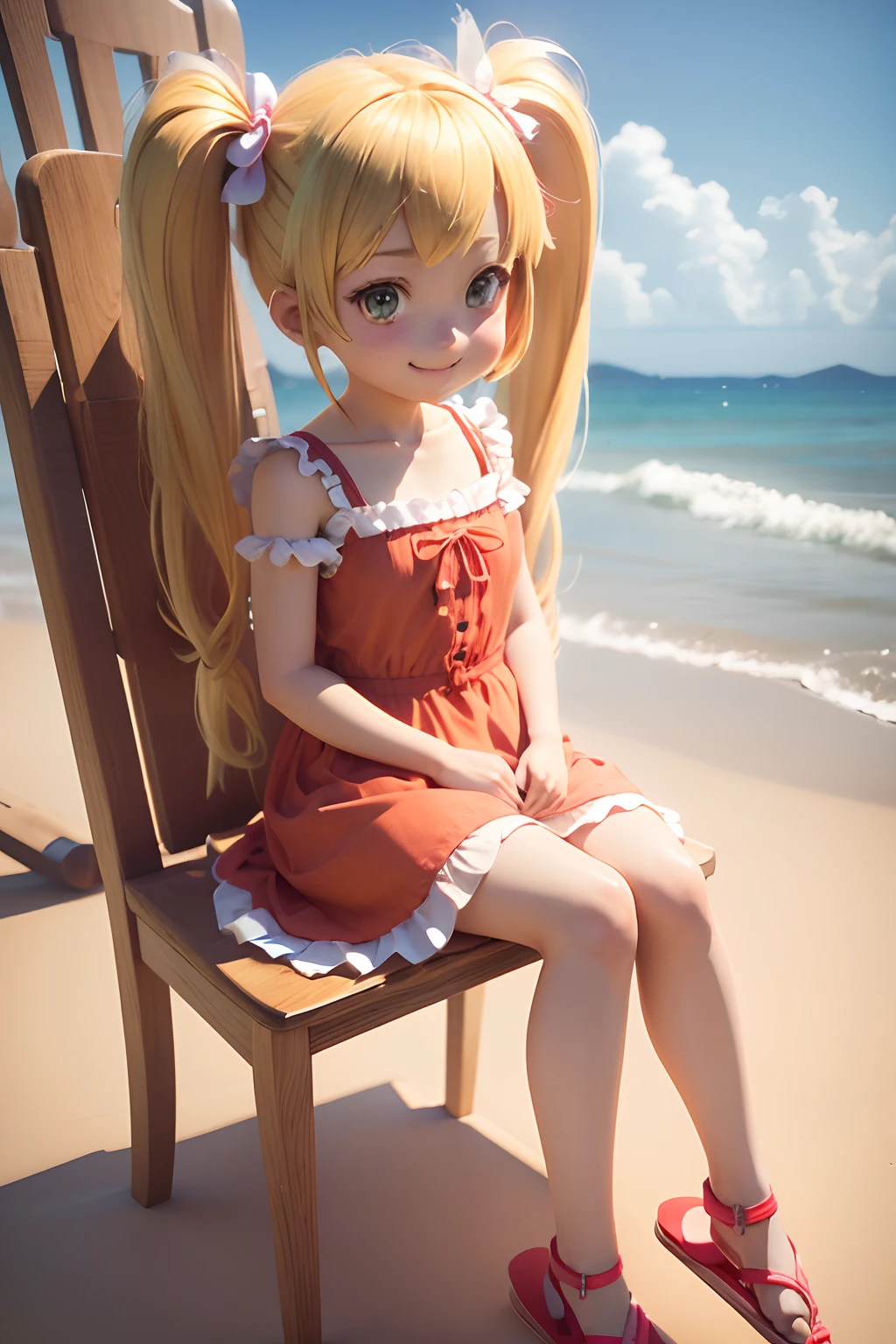 ( absurdly , High quality , ultra-detailliert ),Summer at noon、(((masutepiece))),((Popular on the beach))),(()),(((Petite girl with long blonde twin tails))),((Sitting on a chair))),maid dress、with a red ribbon on the head,,,,,,,,,,、3D anime girl rendering,((Smile)),(())),(((Wearing flip-flops))),,,((Cute 3D Anime Girl Rendering)),,(Drink orange juice)